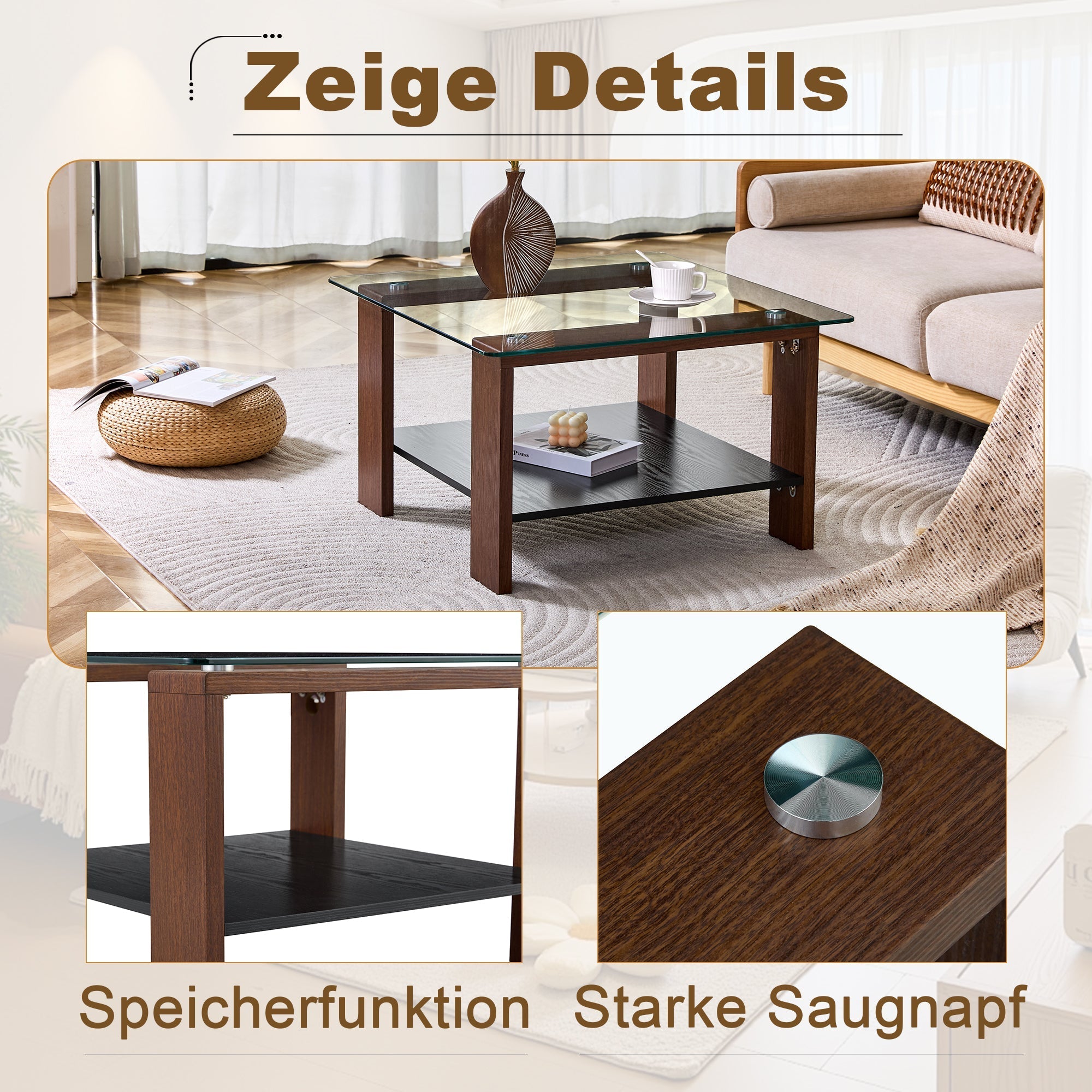 Modern Coffee Table with Storage and Tempered Glass Top, 65x41x45.5cm, Walnut Wood