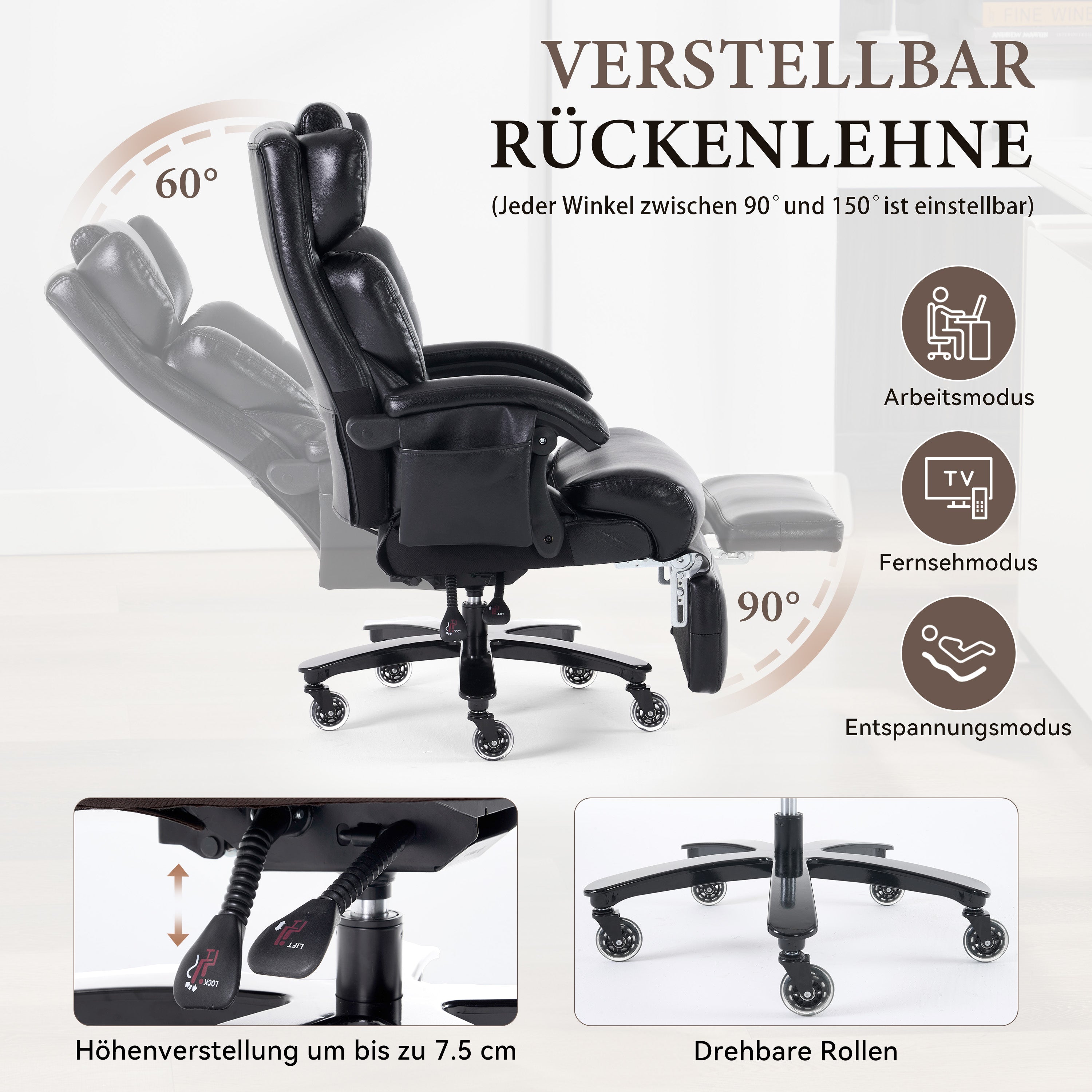 XXL Executive Office Chair - Massage Heat Footrest Adjustable Backrest 150kg - PU Leather Black