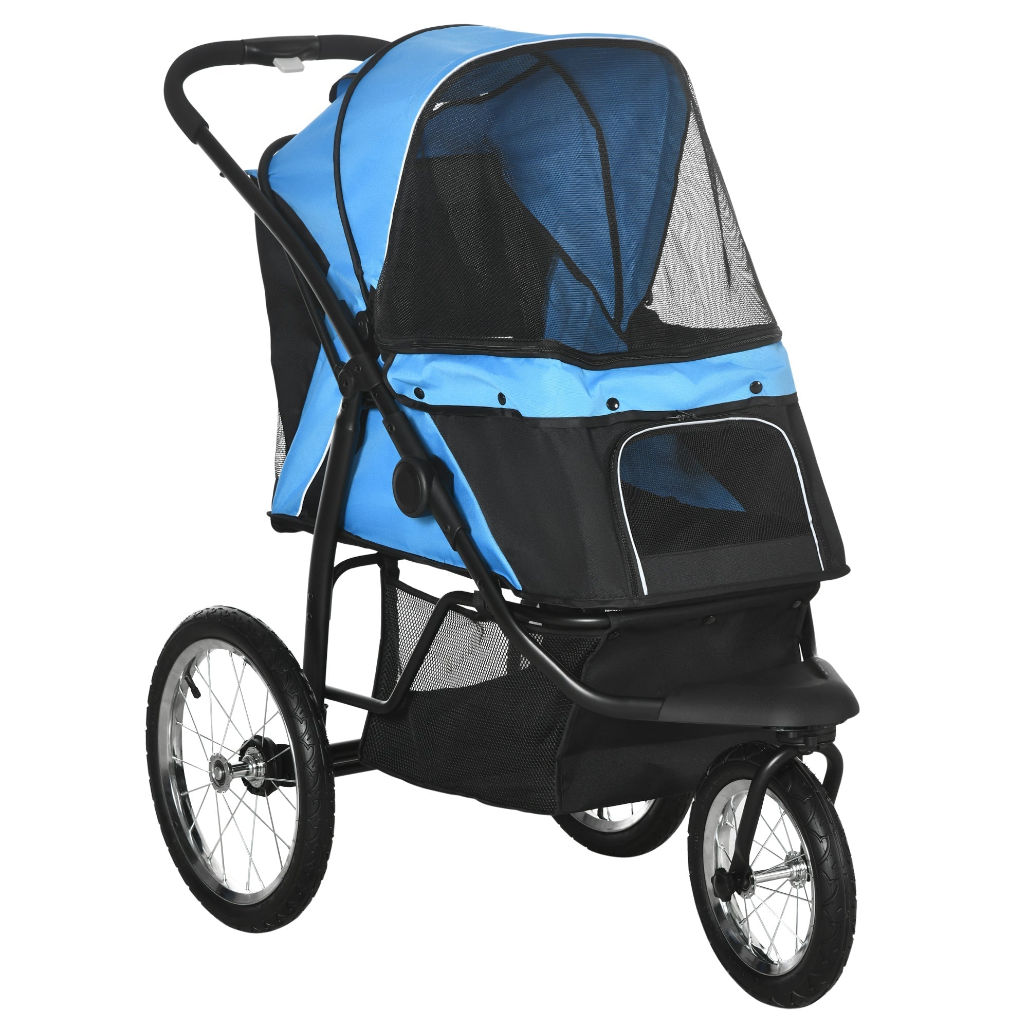 Dog Buggy, Foldable, Storage Basket, Sunshade, Blue Oxford