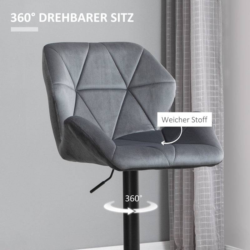 Set of 2 Bar Stools Upholstered Height Adjustable 360° Swivel Backrest - Velvet Look