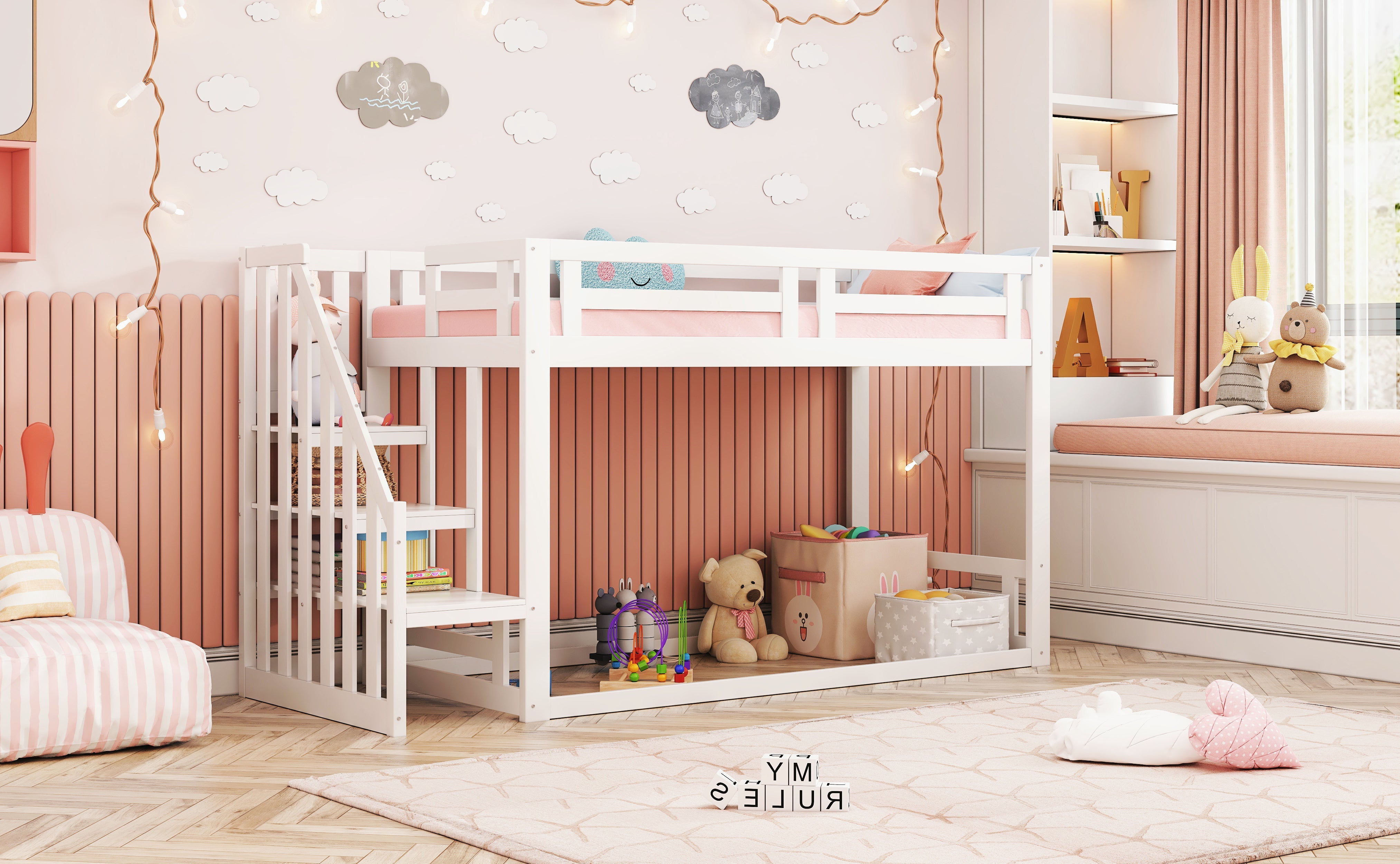 Children's Bed, Low Bunk with Safety Stairs, Solid Wood, White