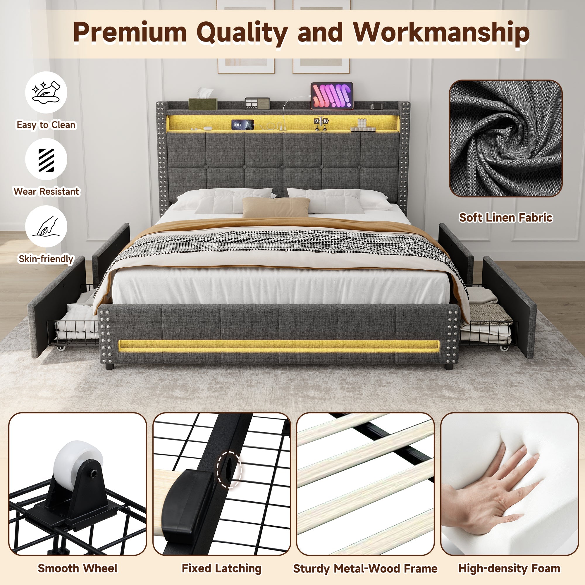 4ft6 Double Upholstered Bed with 4 Storage Drawers, LED Charging Station, Linen Grey