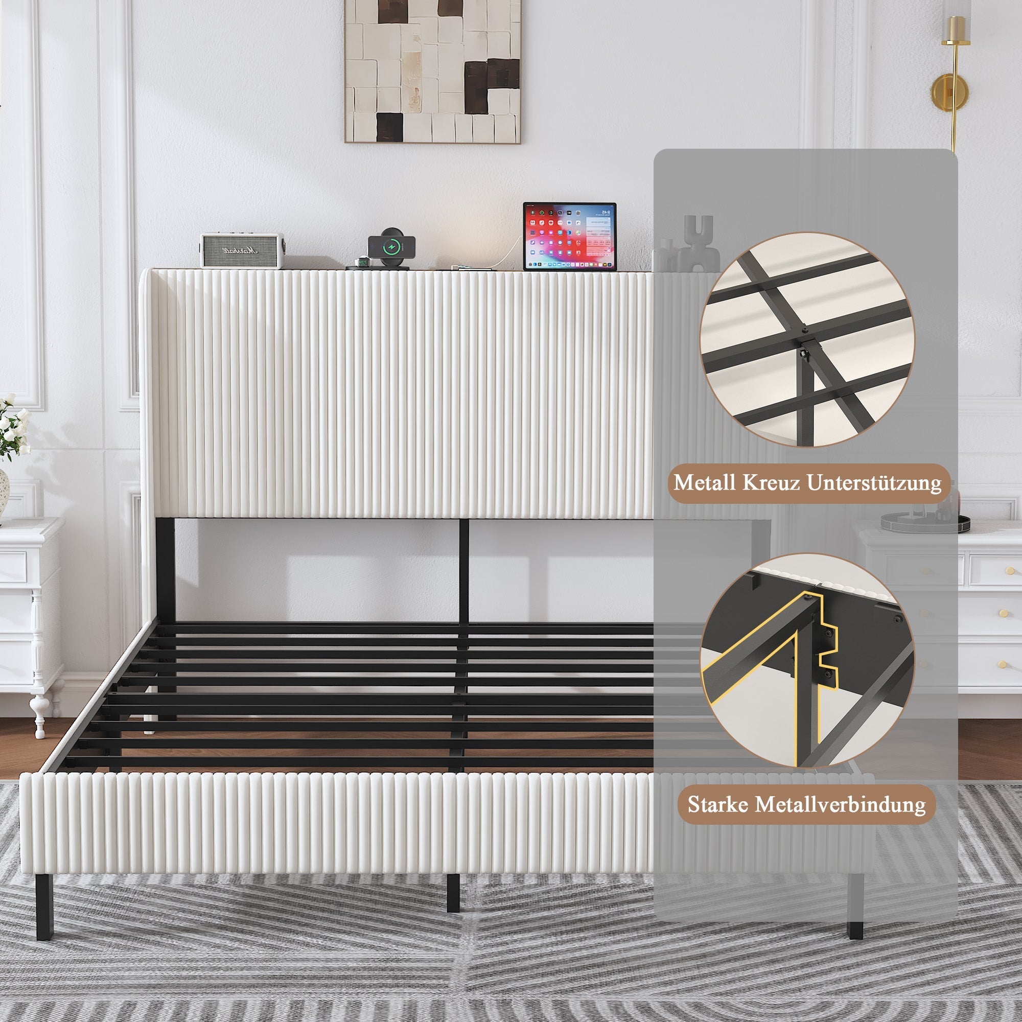 Bed Frame 180x200 Upholstered Platform Wing Headboard Metal Slats Fabric