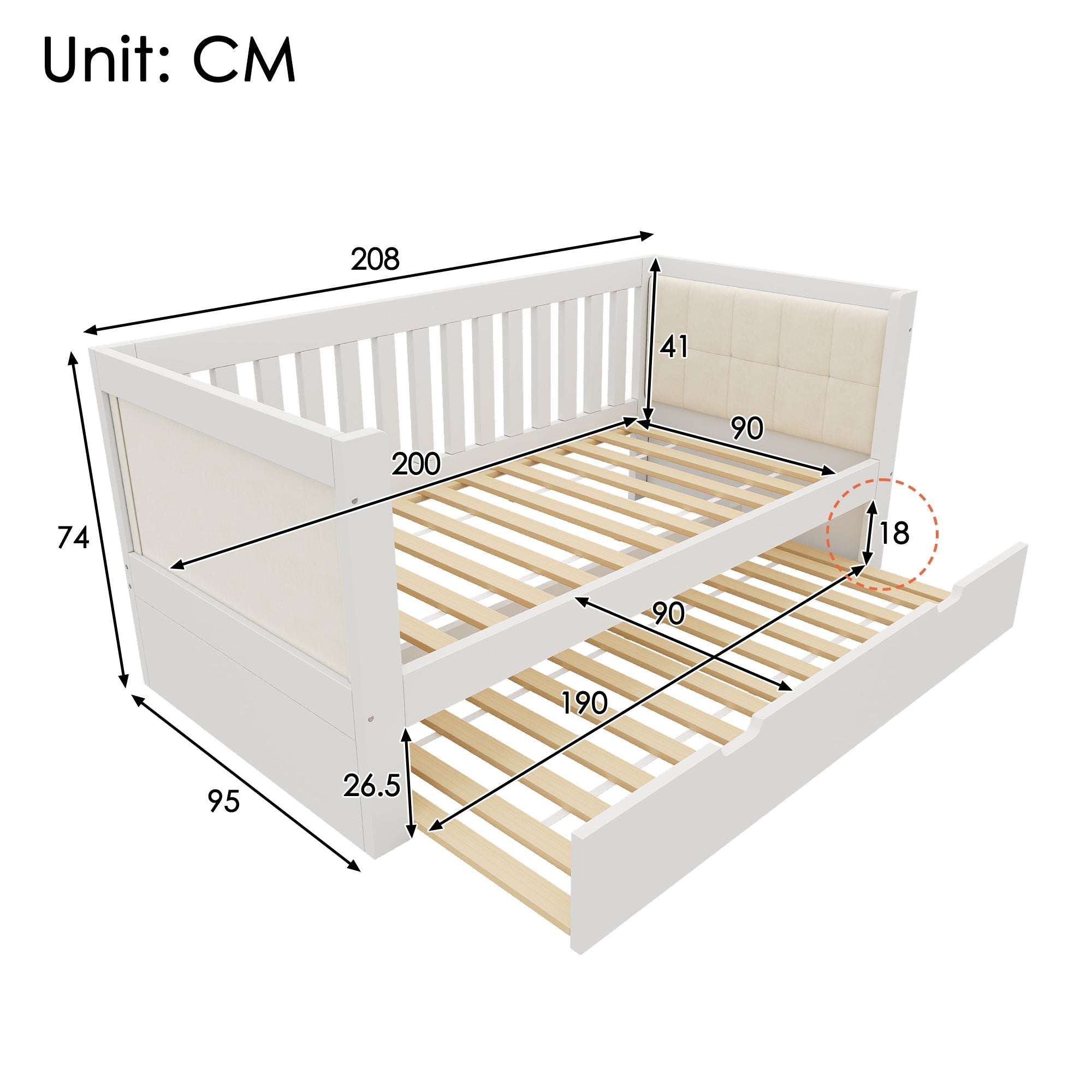 Daybed with Pull-out Bed, 90x200cm and 90x190cm, Space-Saving Wood, White