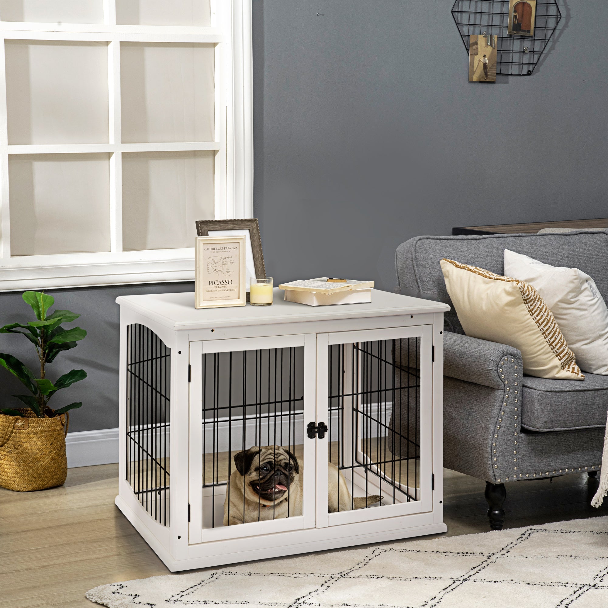 Dog House, Transport Box Small Animal Cage, MDF & Metal in White