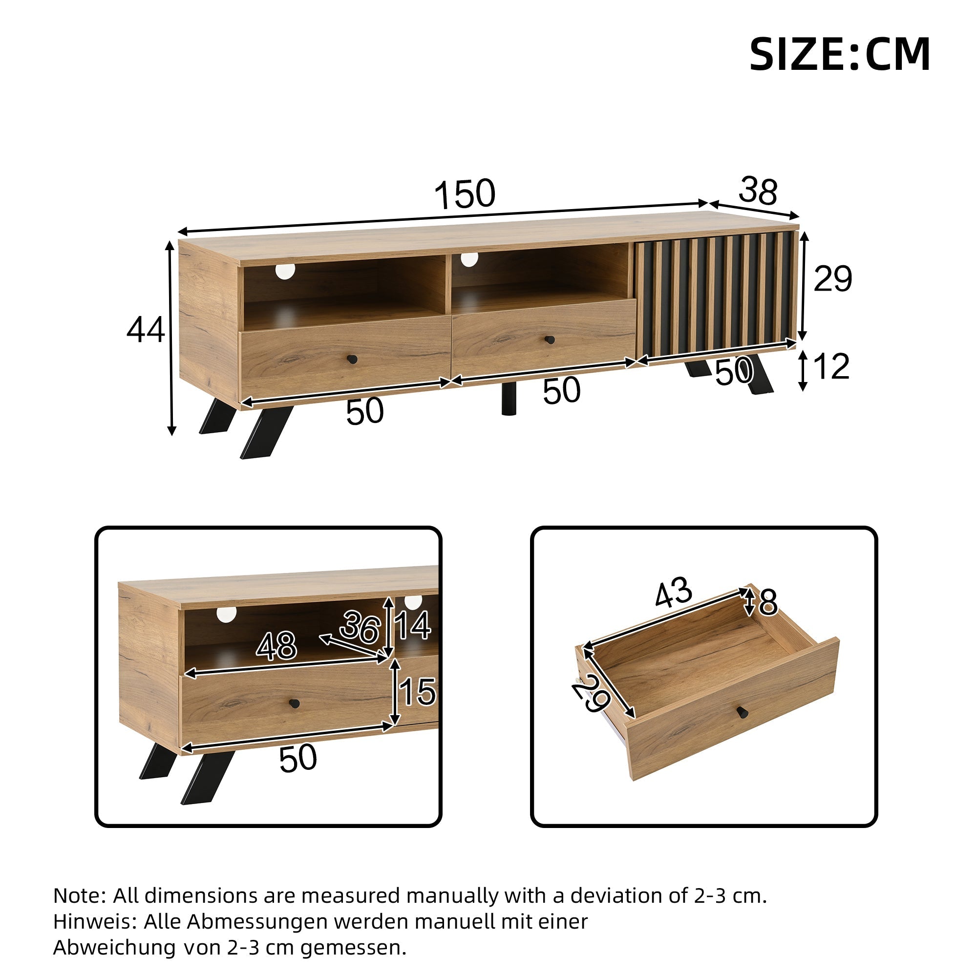 Living Room Combination, 120cm Sideboard + 150cm TV Cabinet, 5-Tier Storage, Solid Black Wood