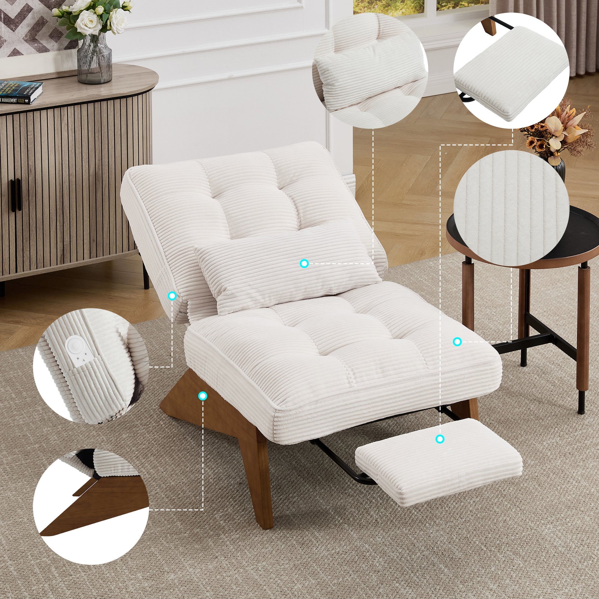 Modern Adjustable Backless Lounge Chair with Footrest, Lumbar Cushion, and Wooden Legs, Fabric