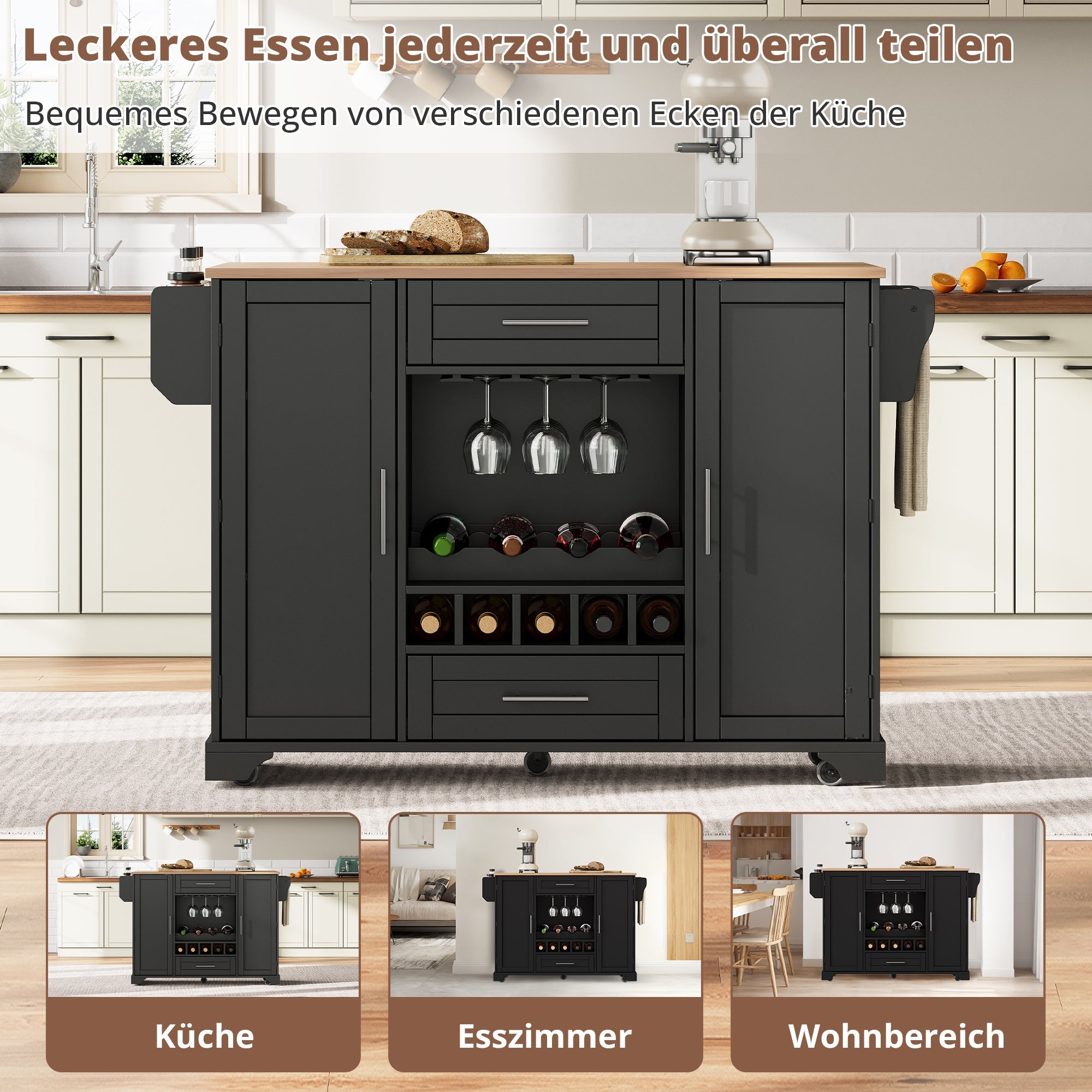 Kitchen Island Cart Folding Worktop Wine Rack Storage - Black