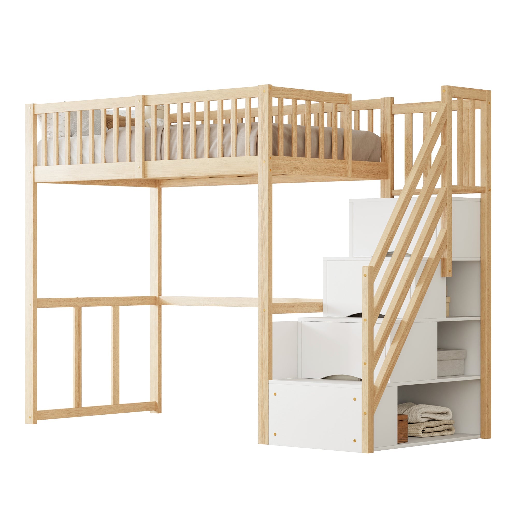 Loft Bed 90x200 Safety Storage Ladder, Solid Pine Wood