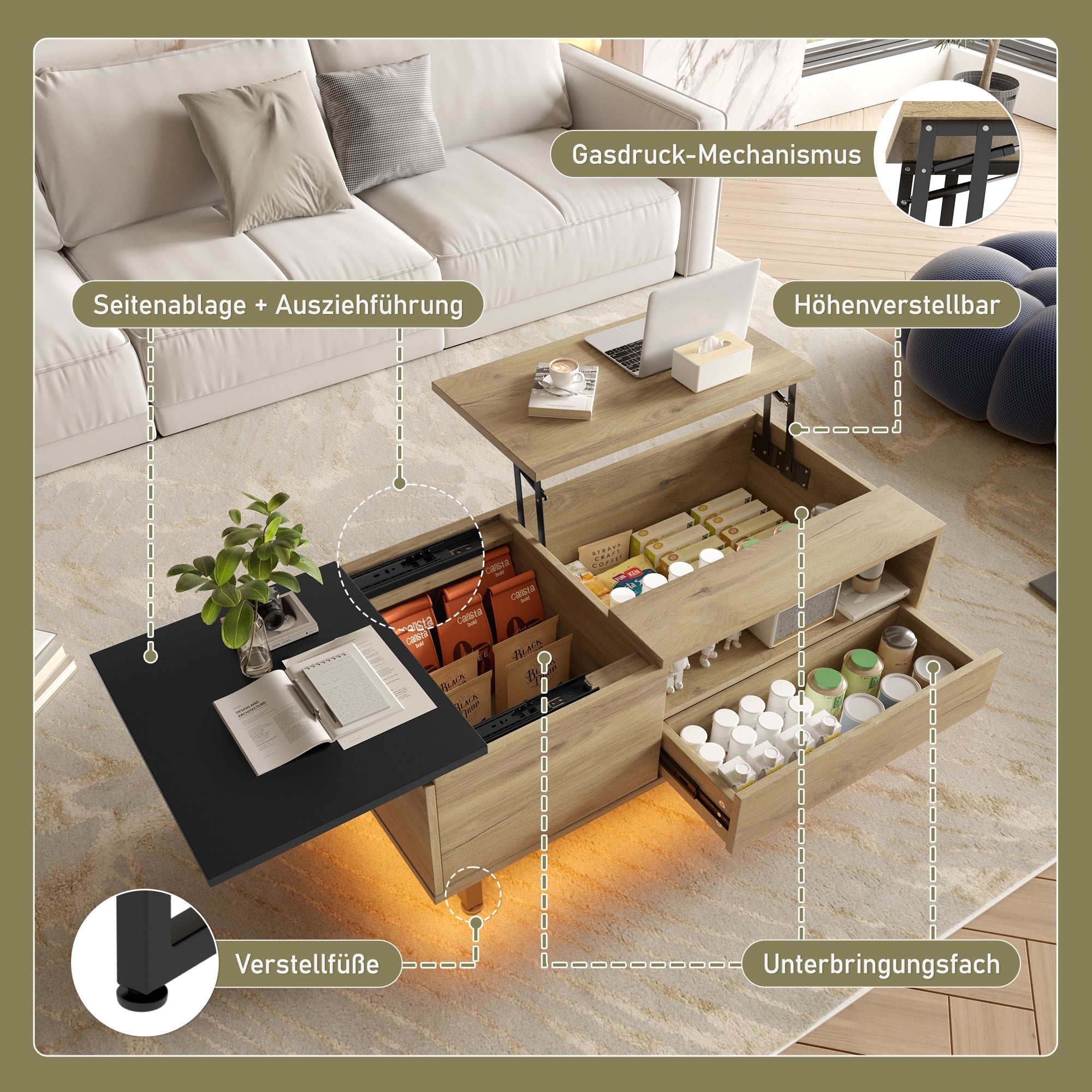 Cabinet: Height-Adjustable with LED Light, Drawers & Compartments, Customizable for Living Rooms