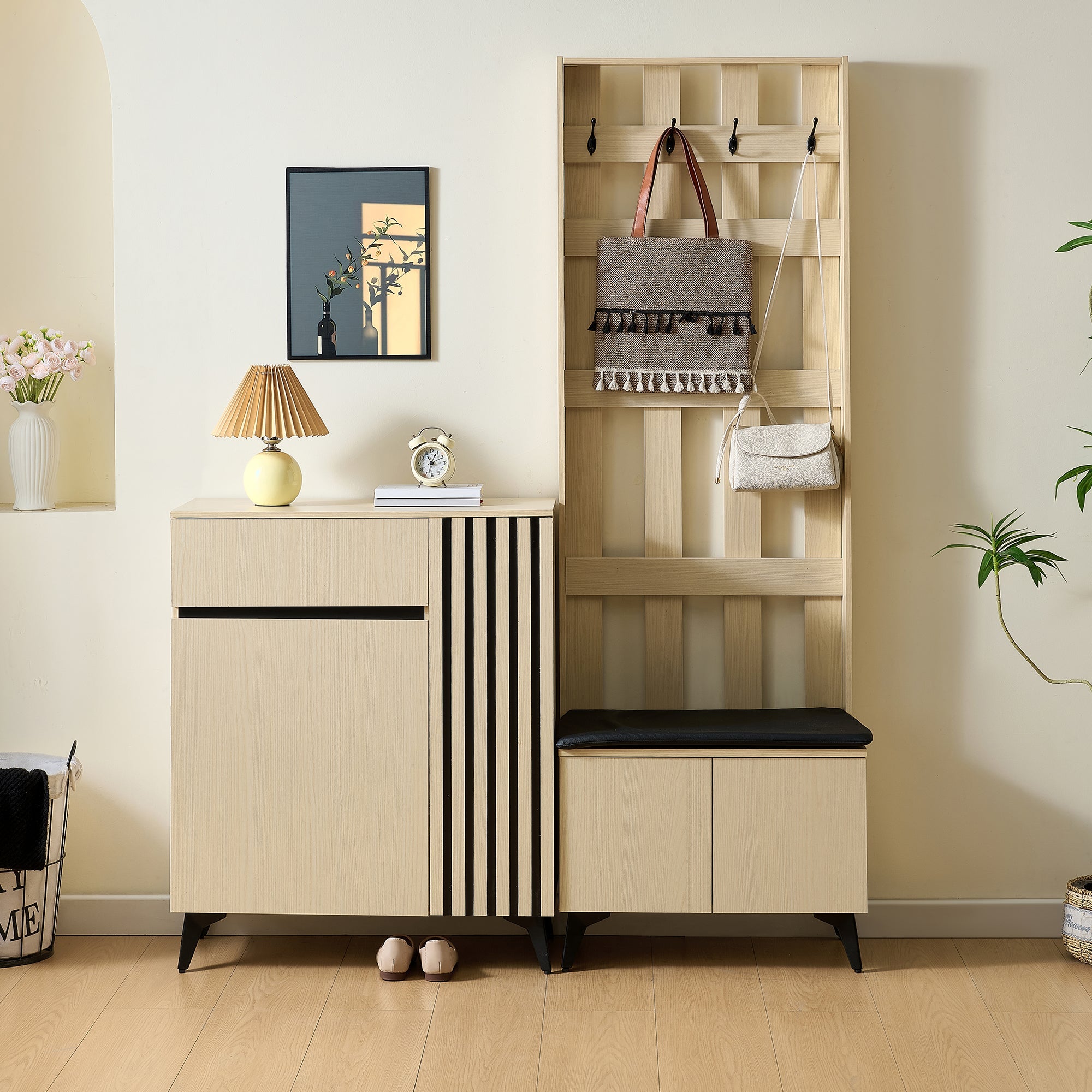 Combination Set: Modern Wardrobe, Bench & Shoe Cabinet Storage Solution