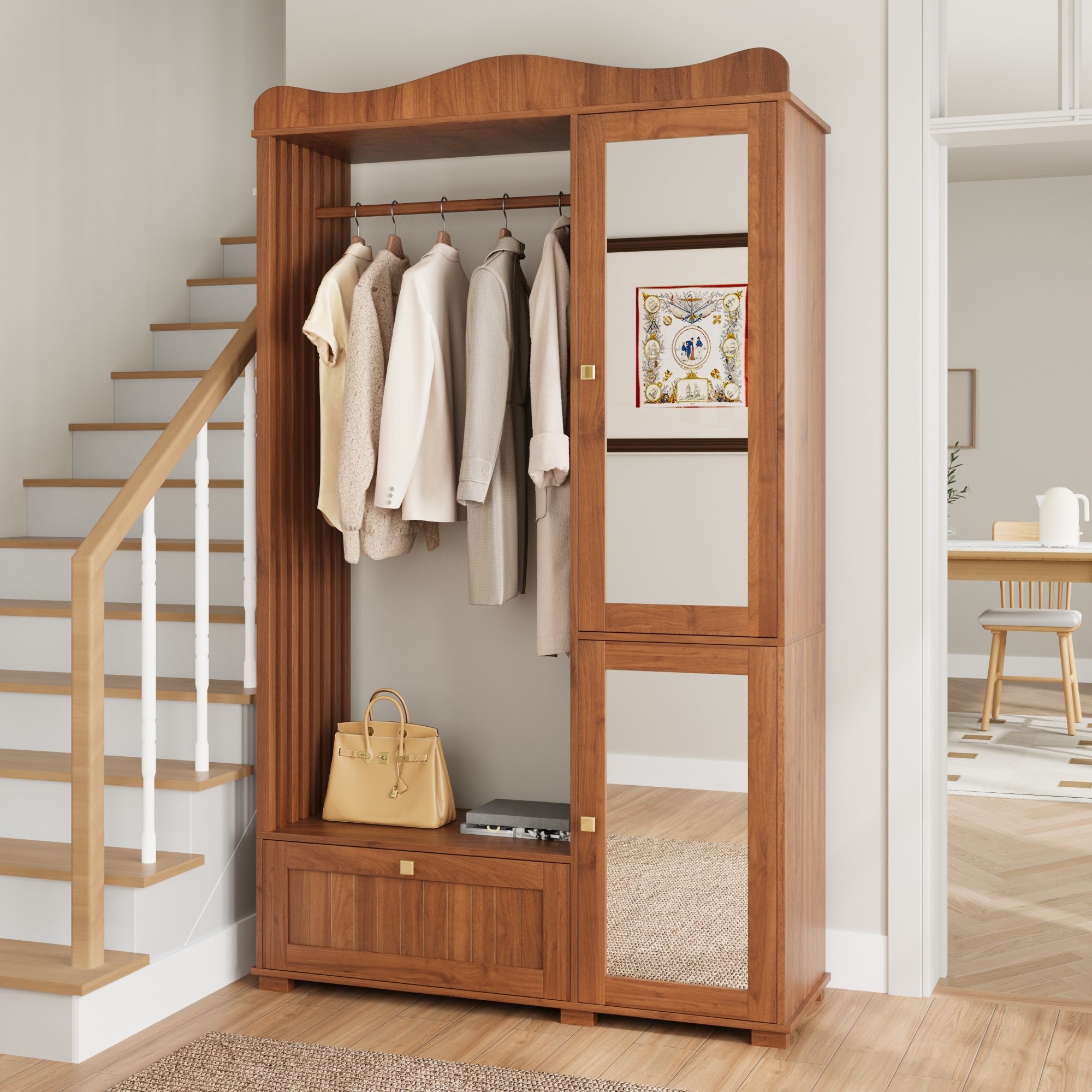 Wardrobe with Mirror and Open Clothes Rack, Drawer and 2 Doors, Natural Wood and Glass