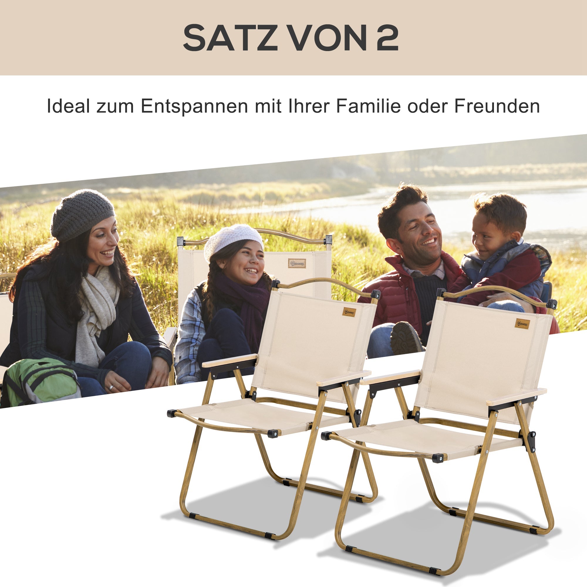 Camping Chair Set of 2 Foldable Steel Frame Wood Look Khaki Oxford