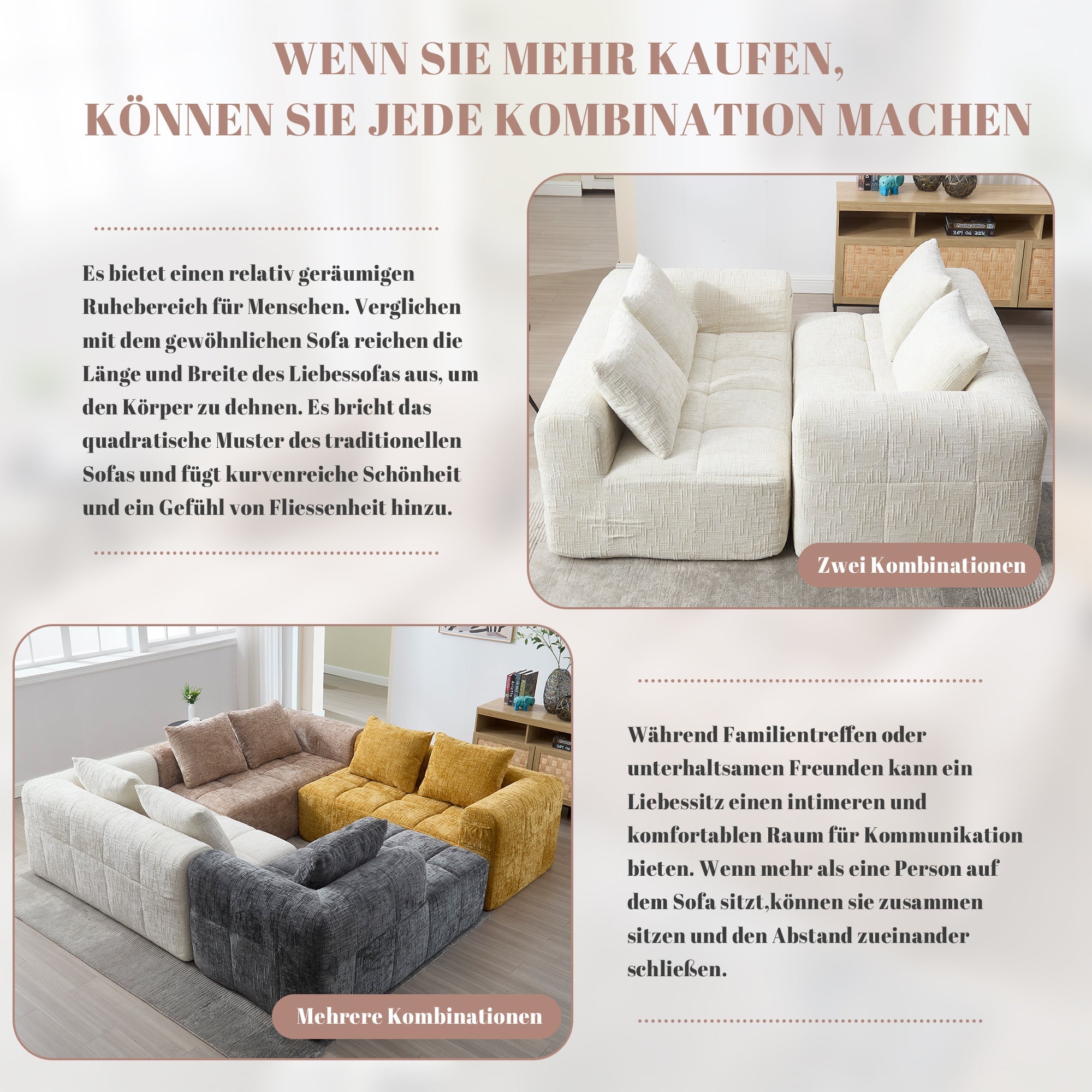 Sofa 2-Seater, Plush Cushion Side Pockets, Beige
