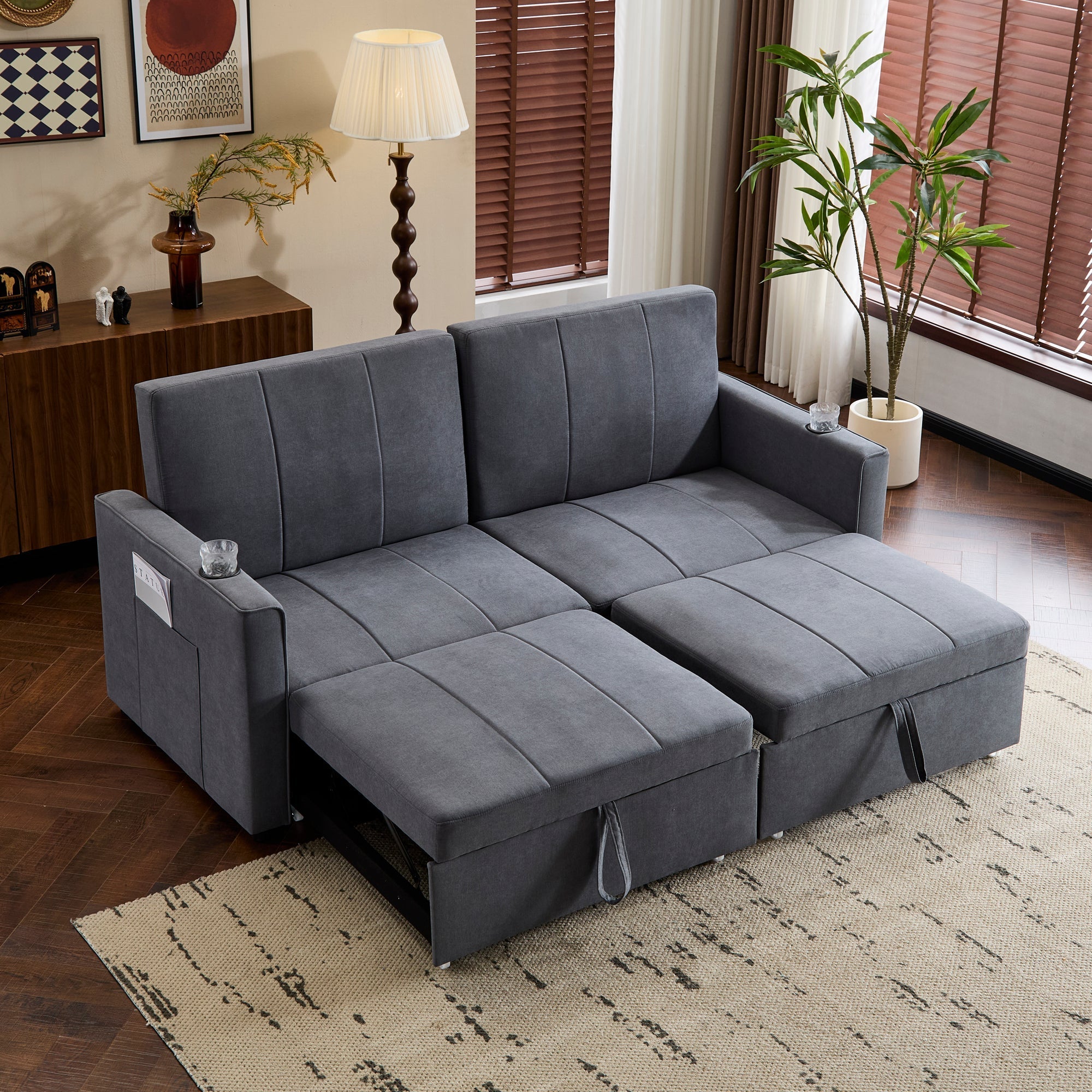 Pull Out Sofa Bed - 207cm King Size, Convertible, with Cup Holders & Side Pockets, Fabric