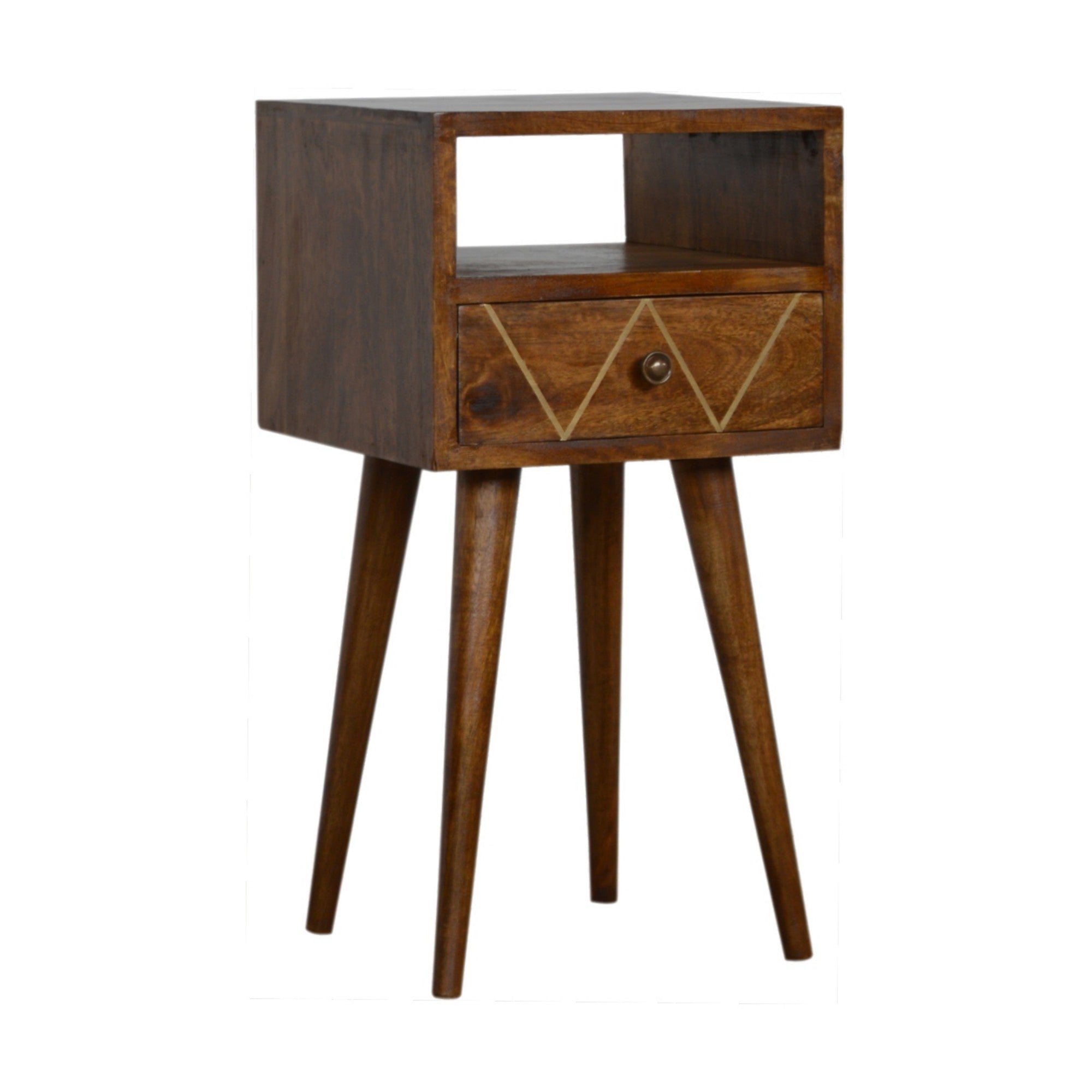 Solid Wood Mini Geo Bedside, 1 Drawer and Open Shelf, Dark Brown
