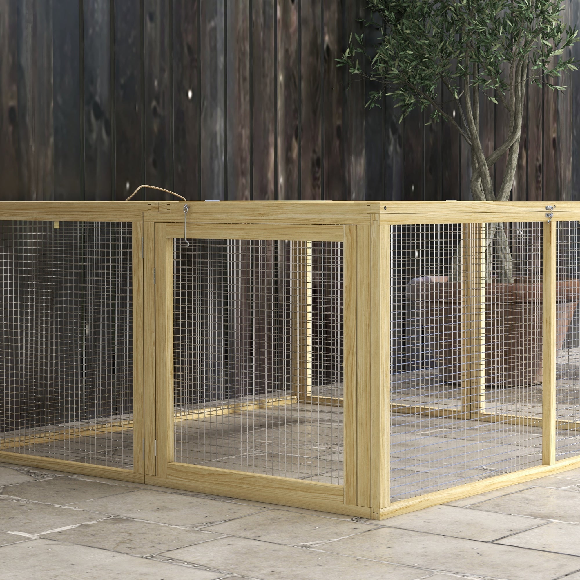 Wooden Rabbit Hutch, Foldable Outdoor Run with Roof, Natural Wood