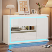 Living Room Cabinet, 140cm, 4 Compartments, High-Gloss, LED, Tempered Glass Doors