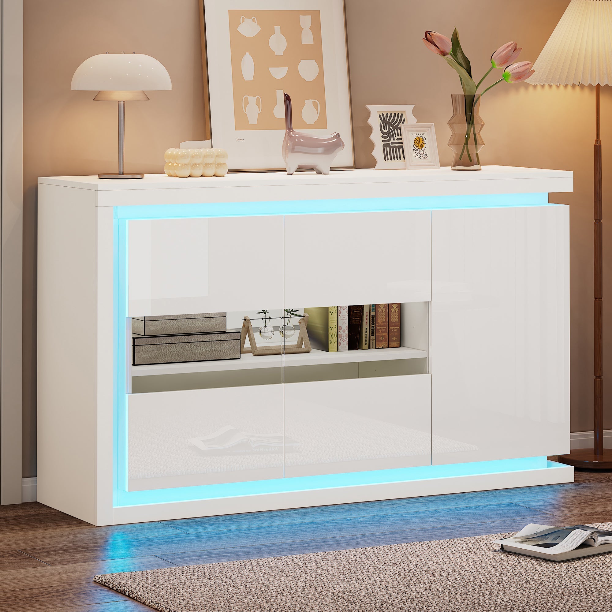 Living Room Cabinet, 140cm, 4 Compartments, High-Gloss, LED, Tempered Glass Doors