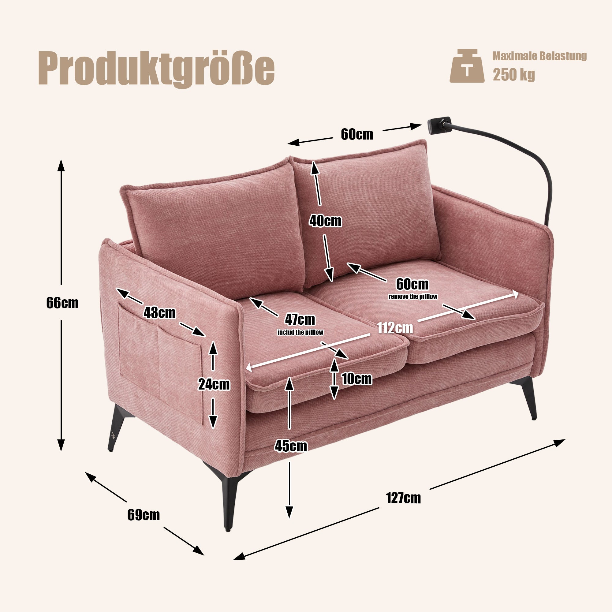 Modern Double Sofa with Storage & Adjustable Phone Holder, Fabric