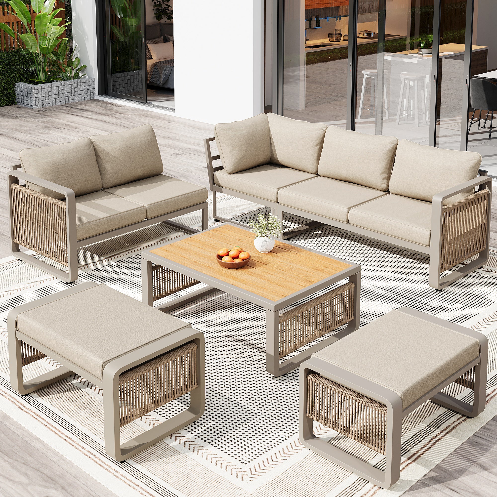 Garden Lounge Chair Set for 6-7 People, Weatherproof Corner Sofa and Lounger, Handwoven Rope and Iron, Beige