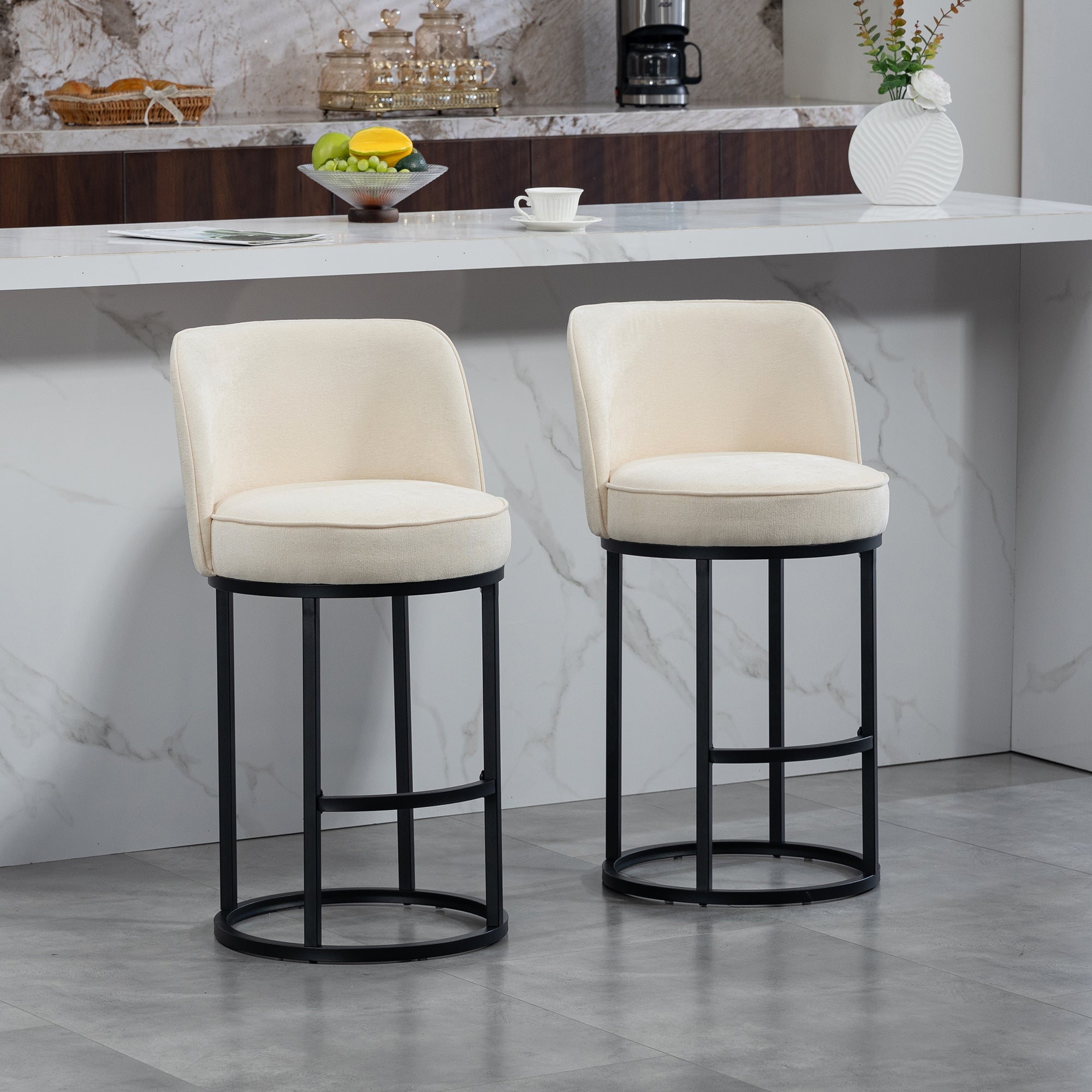 Modern Bar Stools with Ergonomic Backrest and Metal Legs, Set of 2, Linen