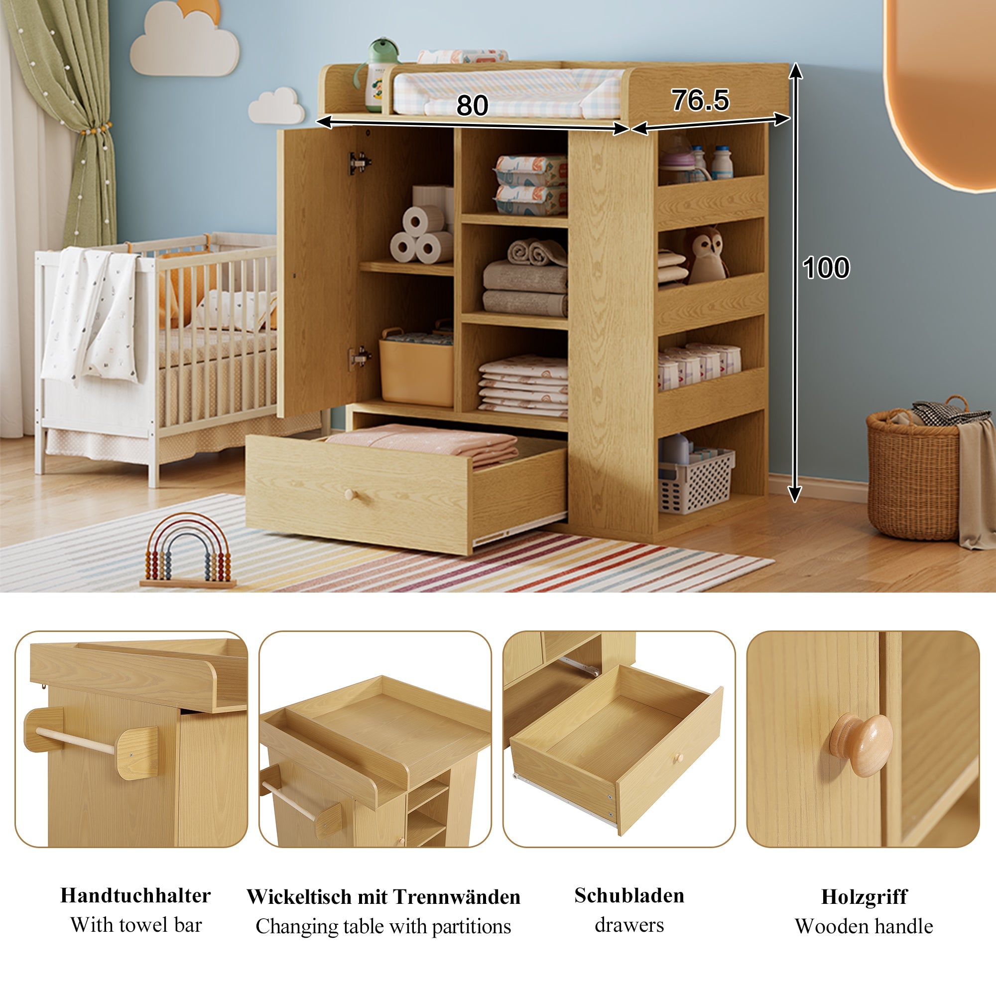Changing Table with Cabinet, Drawer and Side Storage, Natural Wood Color