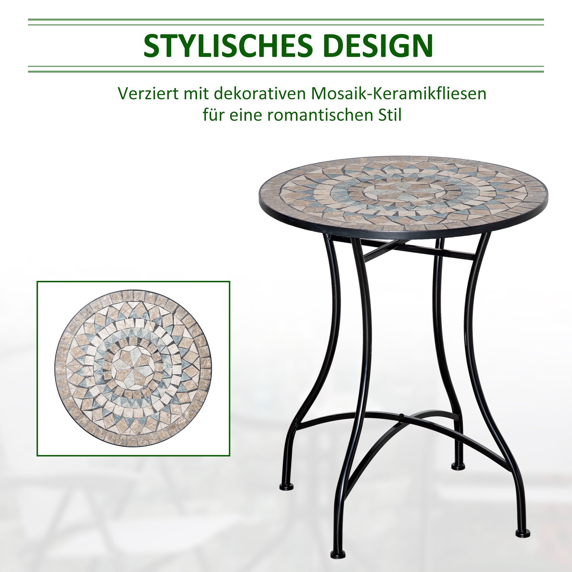 Garden Table, Round Bistro Mosaic Top Ø60cm, Ceramic Green/Beige/White