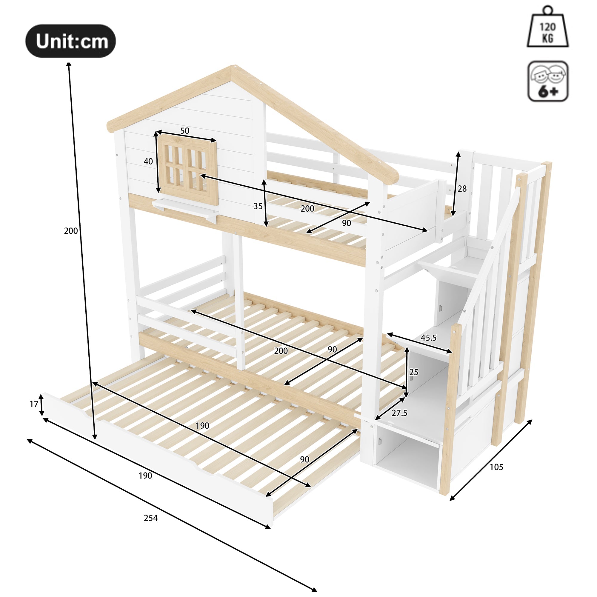 Bunk Bed with Pull-out Bed, Storage Ladder and House Frame, White and Natural