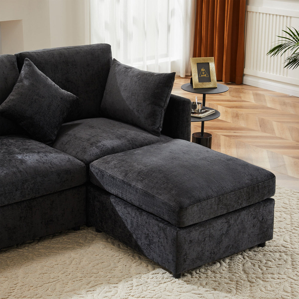 L-Shaped Corner Sofa Set with Footstool Modern Design Chenille Fabric