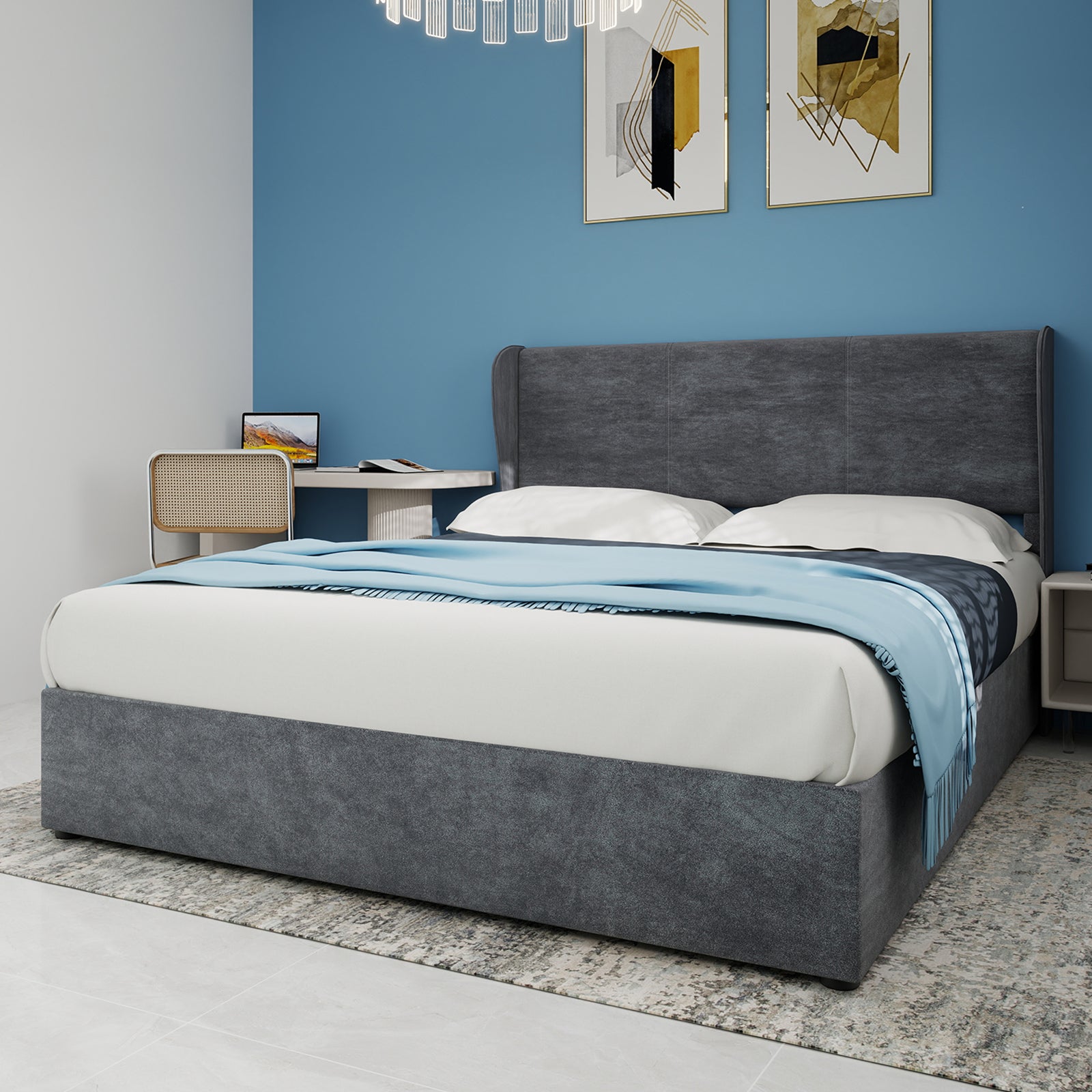 Upholstered Bed, Modern Minimalist with Gas Lift Storage, Grey