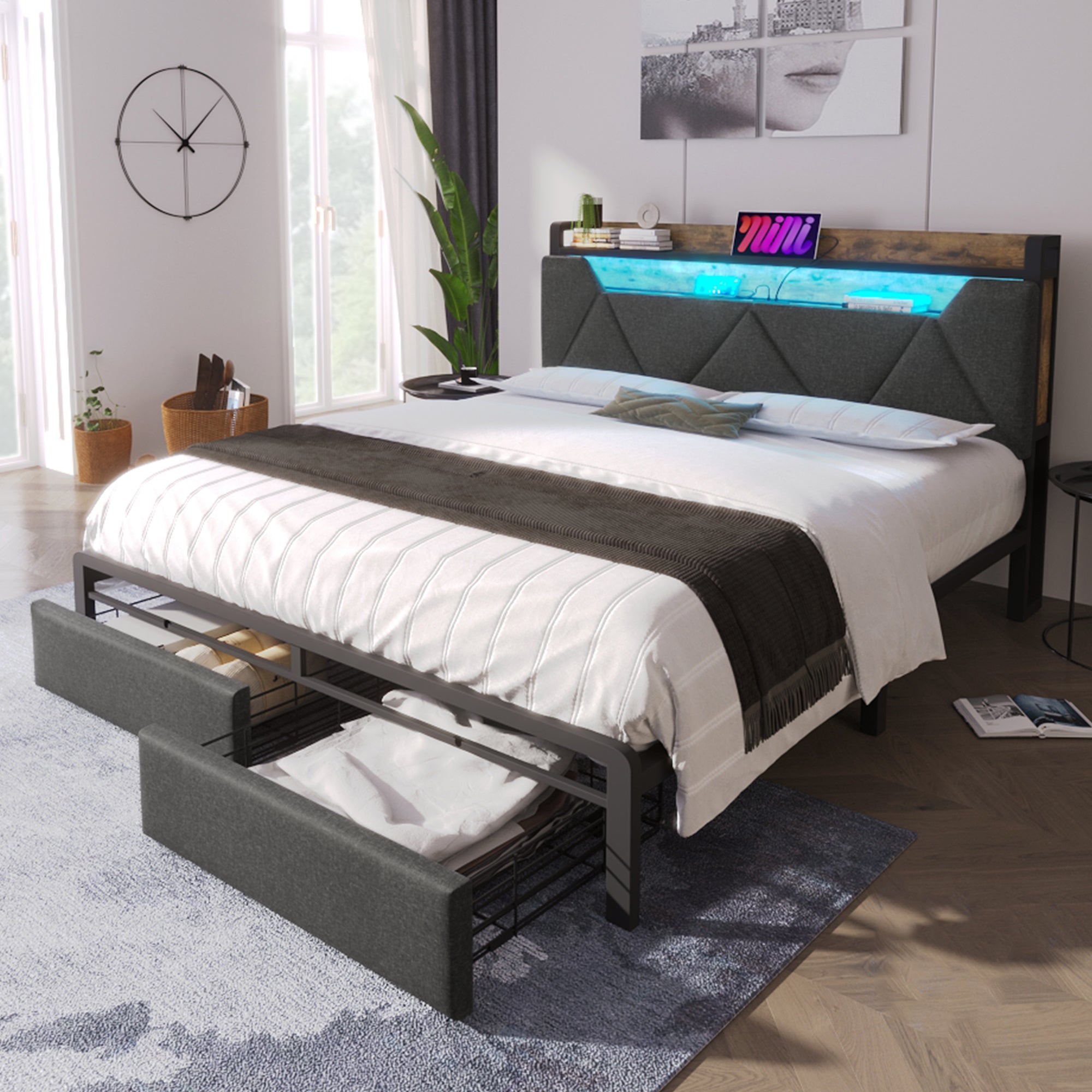 Upholstered Double Bed with LED Lighting, USB Type-C Charging, Storage Headboard & Drawers, 4ft6 135 x 190 cm, Linen, Grey