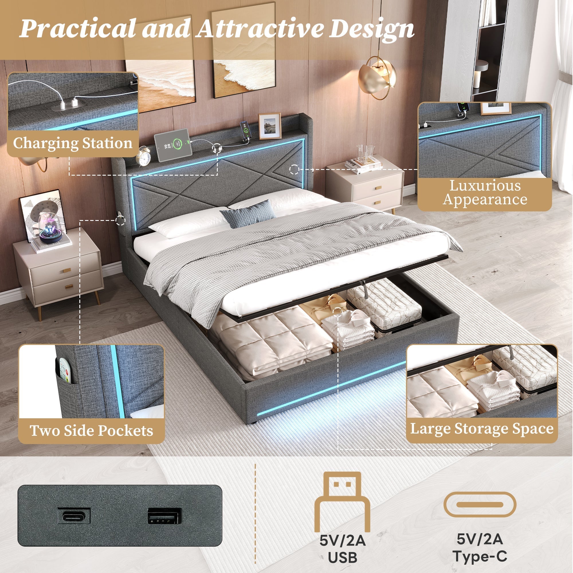 4ft6 Double Upholstered Bed Frame, Hydraulic Storage LED Charging Station, Grey Linen