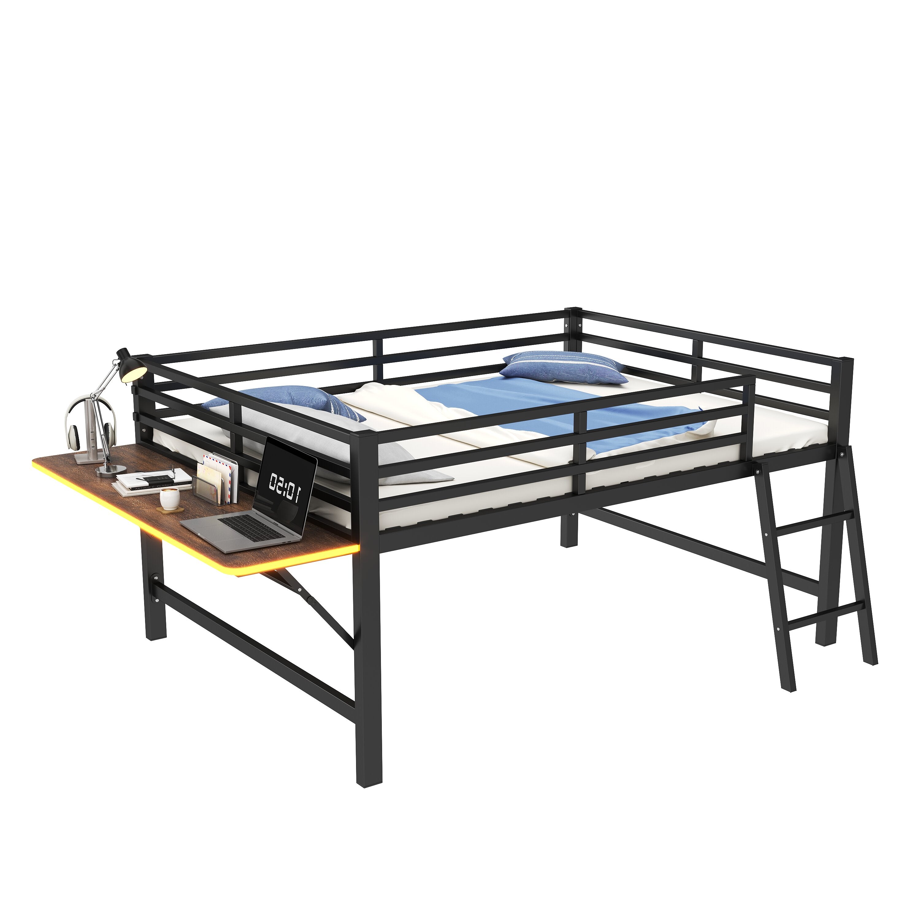 Flatbed Metal Bed 140x200cm Desk Ladder LED Light - Black
