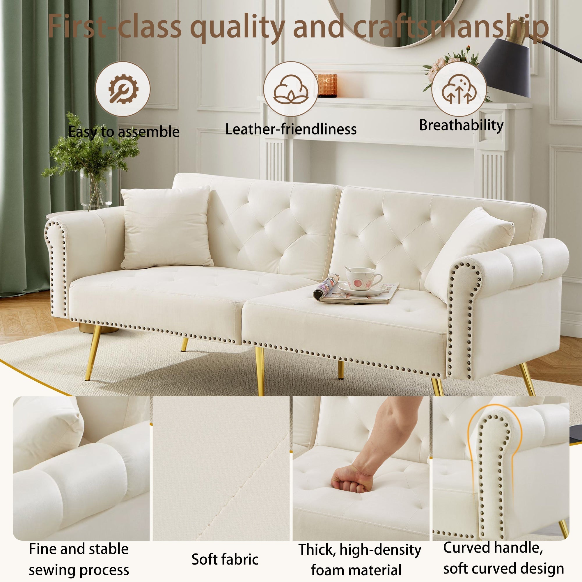 Modernes 2-Sitzer Schlafsofa mit 3-fach verstellbarer Rückenlehne, Samt