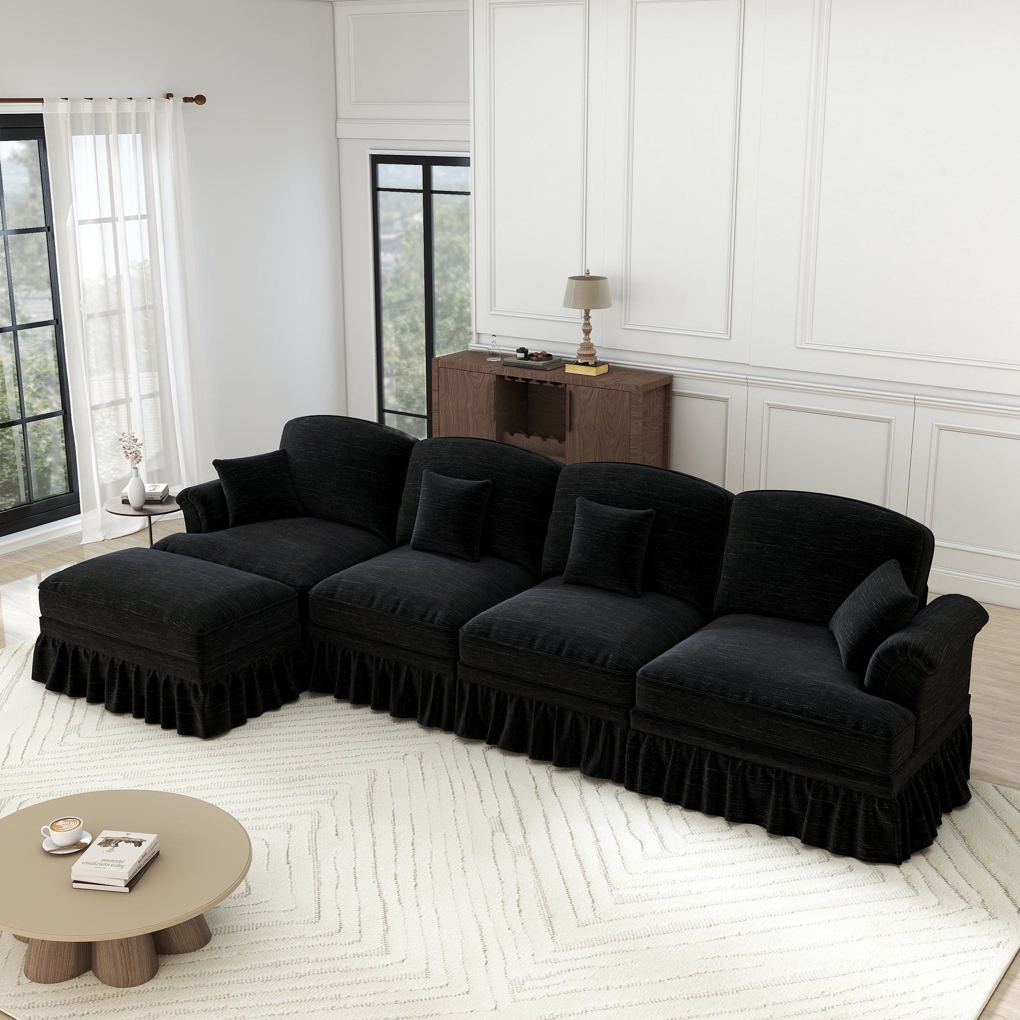 Classic L-Shaped Modular Sofa 4-Seater Movable Ottoman - Chenille Black