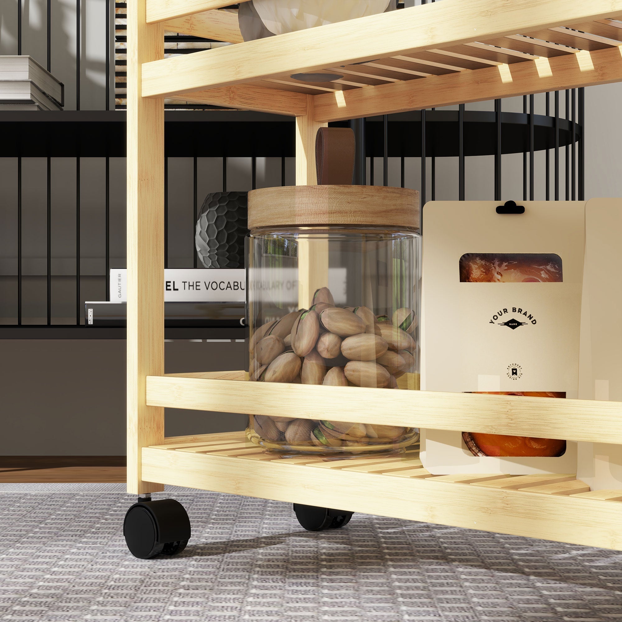 3-Tier Serving Cart, Wheels & Handle, Natural Wood