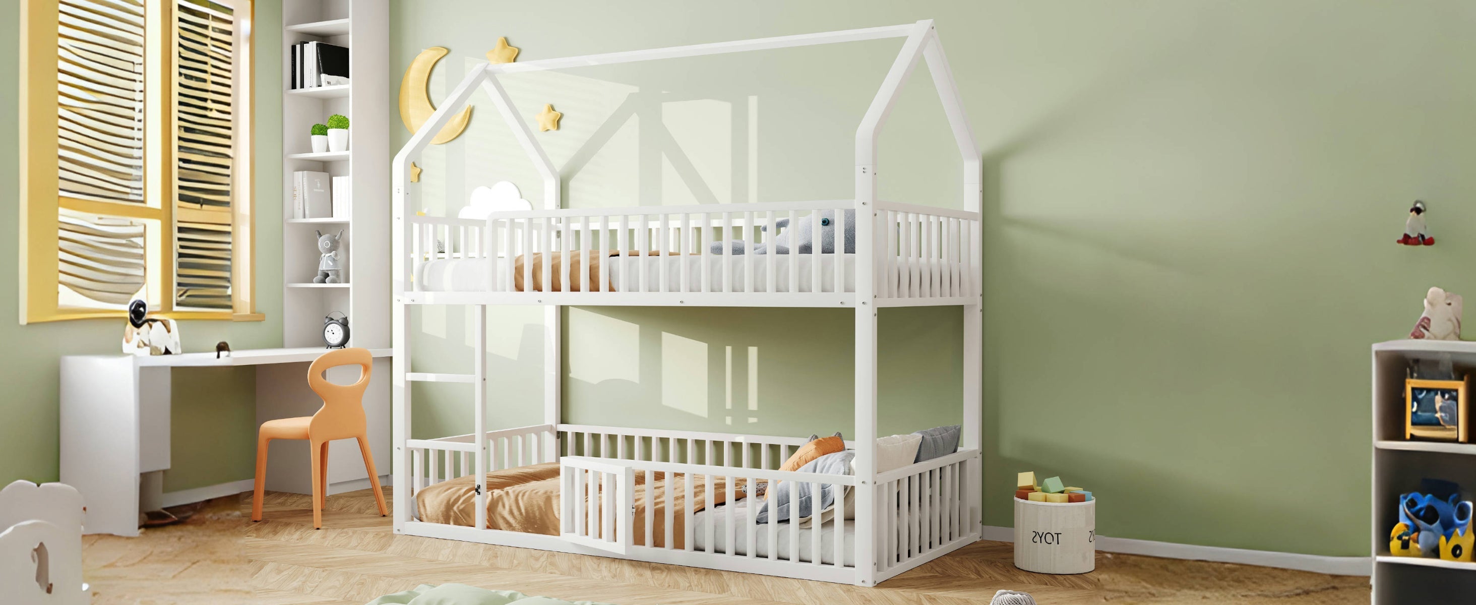 Children's Bunk Bed 90*200, Loft Design with Stairs, White Metal