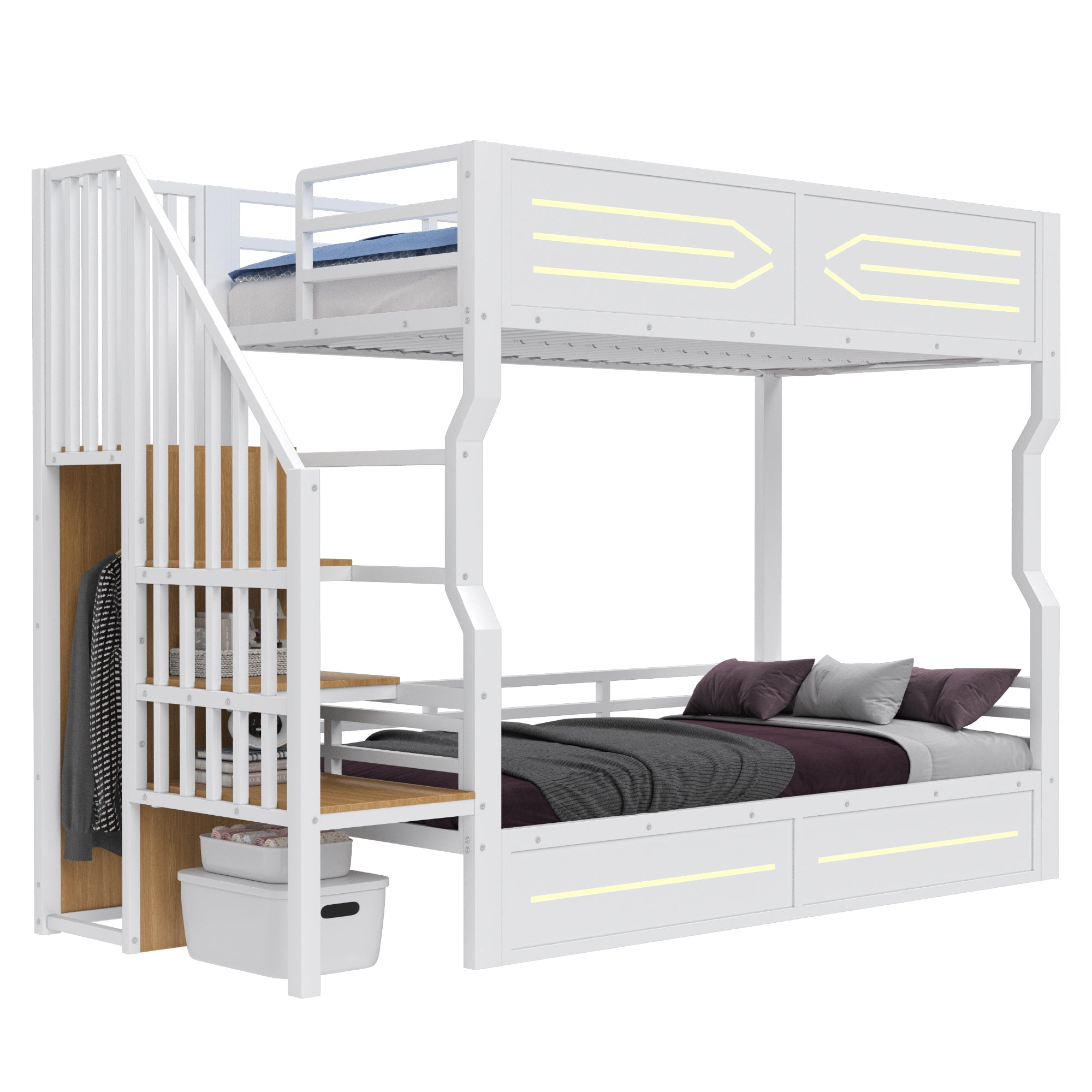 Iron Bunk Bed with Cabinet-Style Storage Stairs and LED Lighting, 90x200cm, White