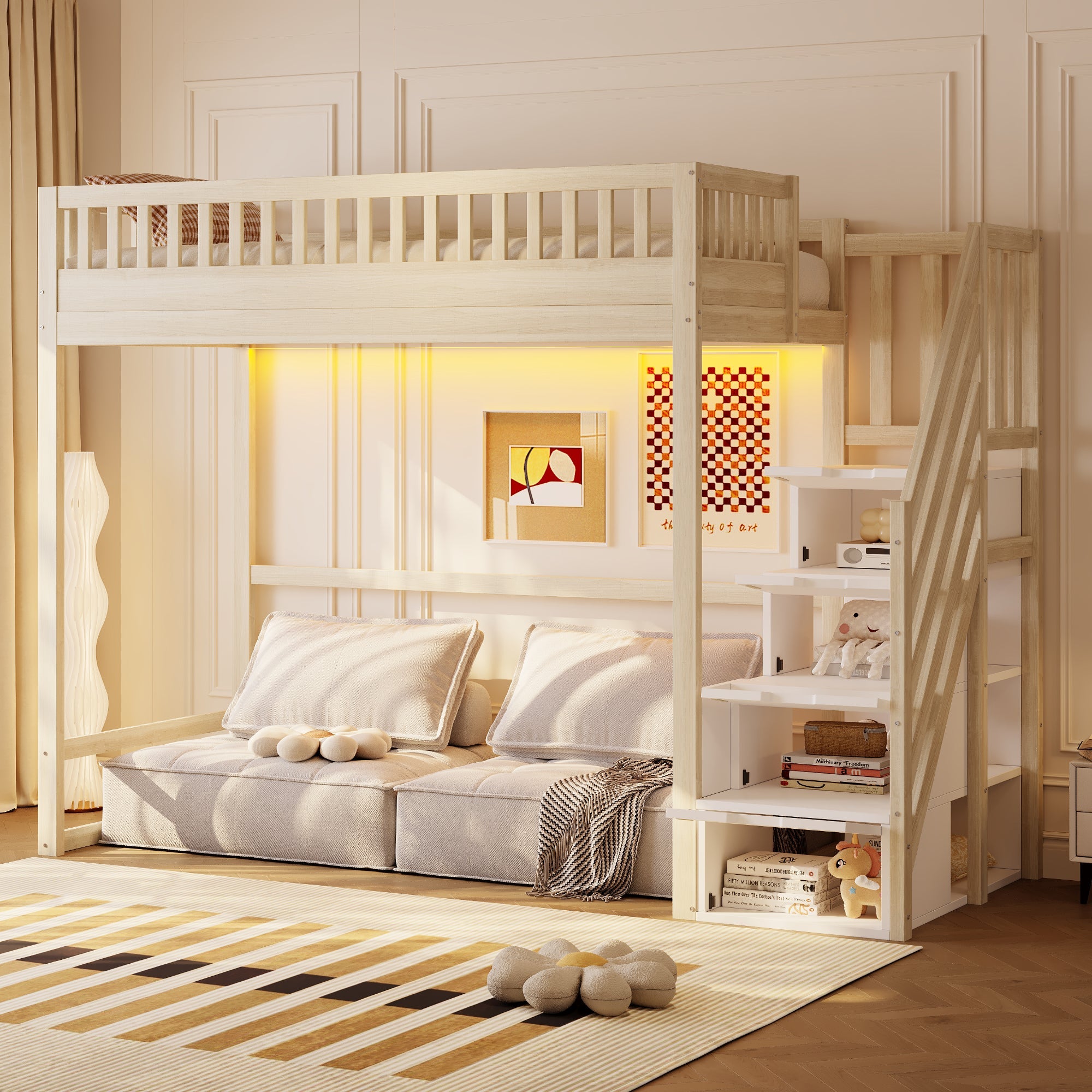 Loft Bed with Safety Railing, LED Light Strip and Interchangeable Ladder, 90x200cm, Natural Pine Wood