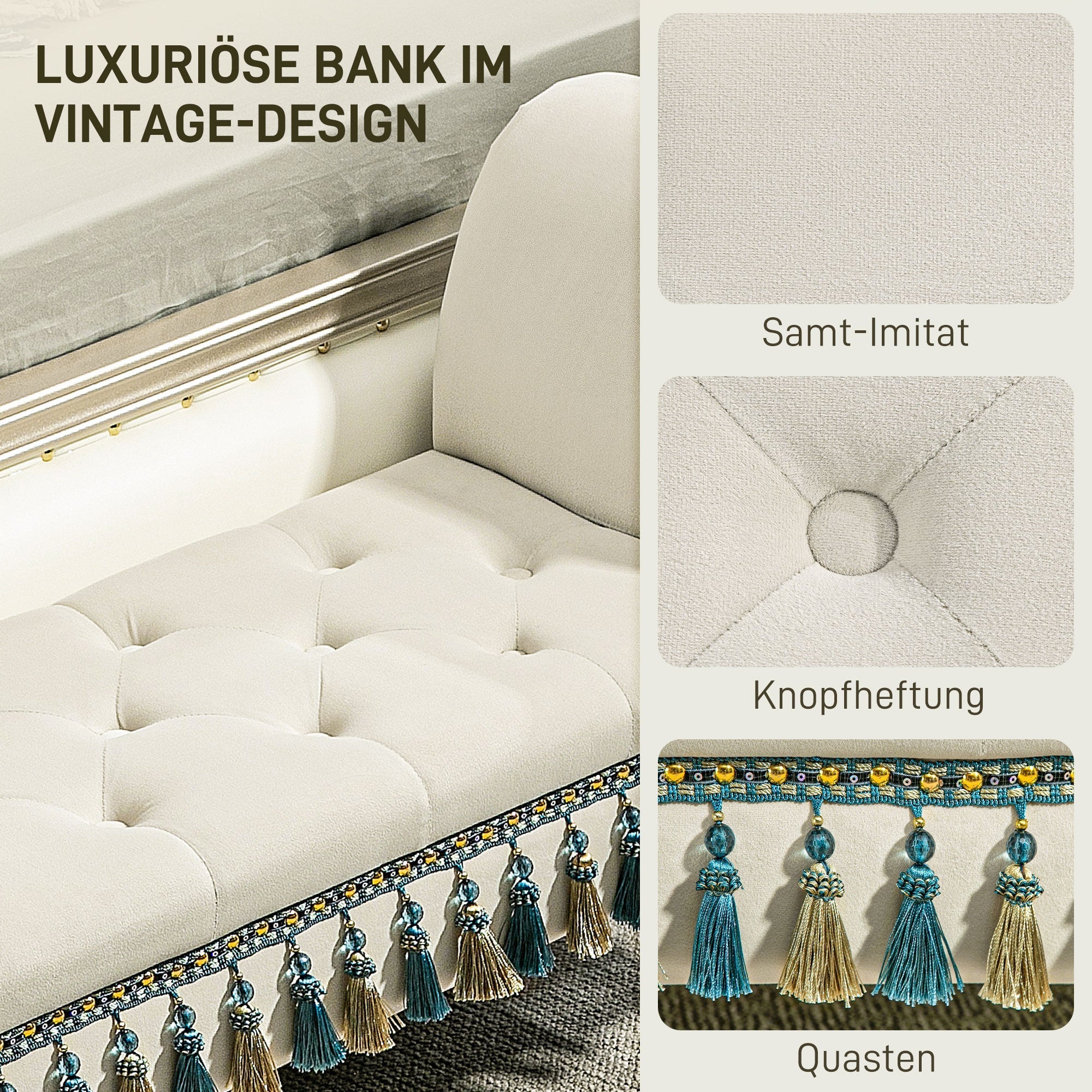 Gepolsterte Bank mit Armlehnen, Vintage-Design, beiger Samt
