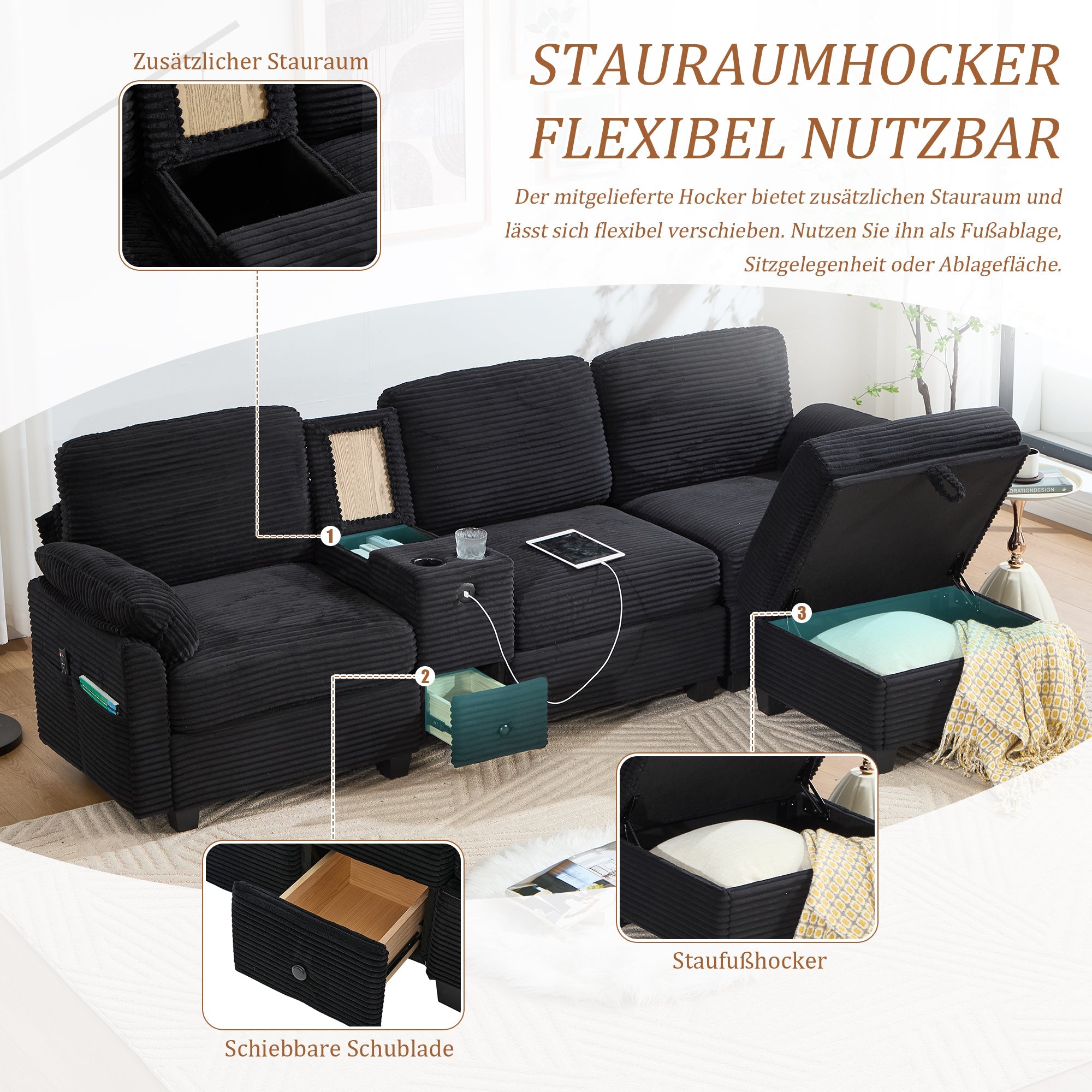 Large Sofa Removable Console USB-C Storage Ottoman - Corduroy