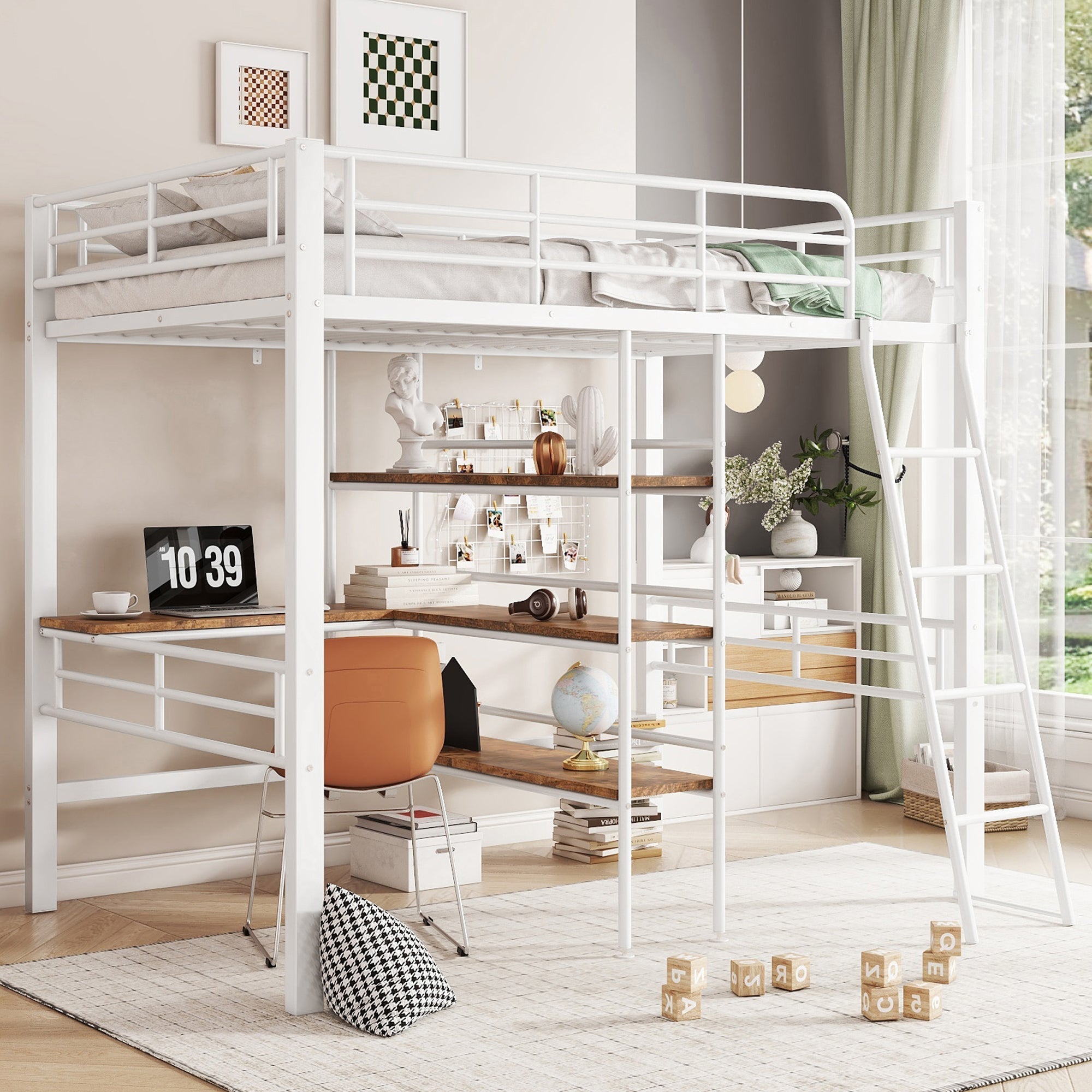 Loft Bed 90x200cm with Desk Shelves Railing Ladder Iron Frame White