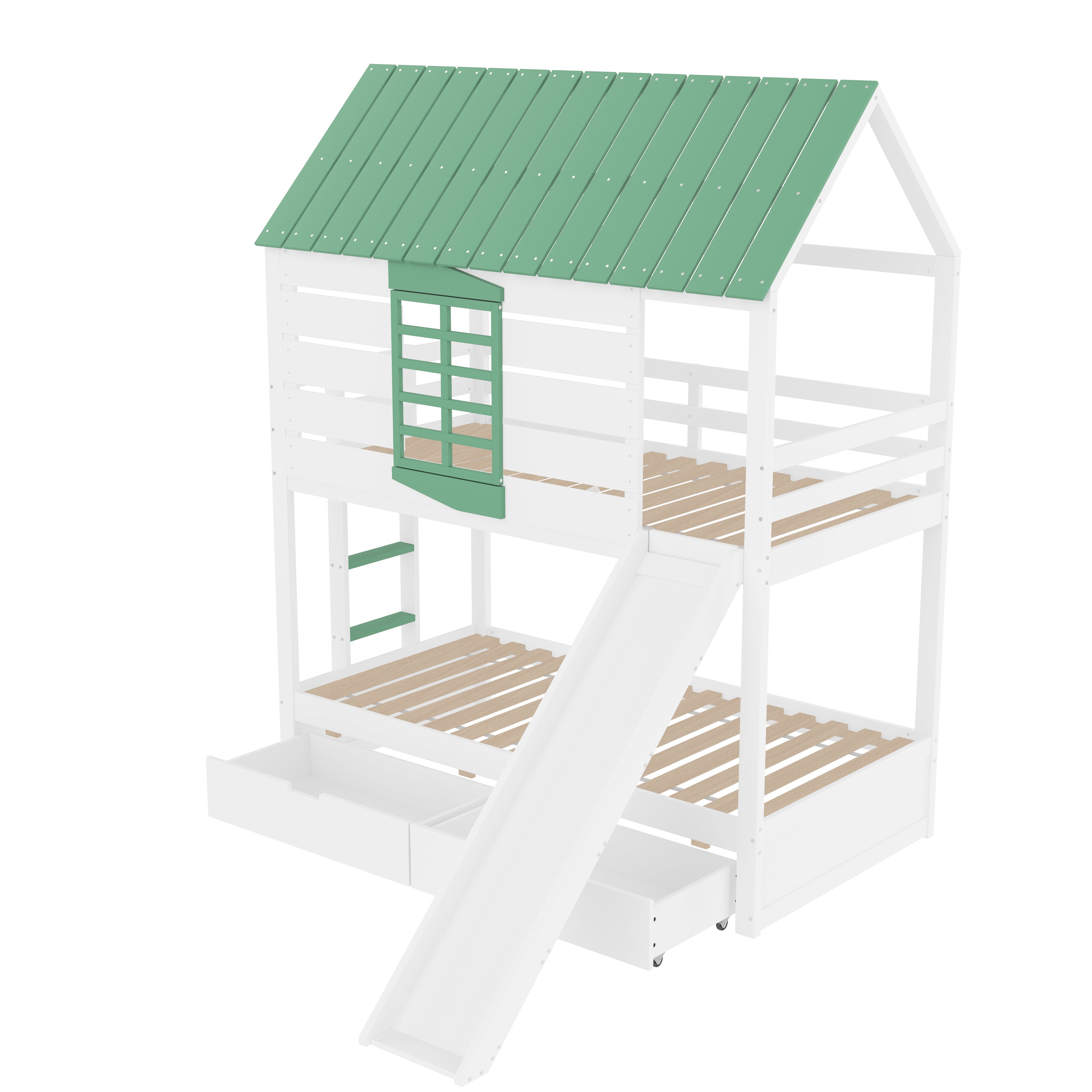 90X200 House Bunk Bed with Slide and 2 Drawers, White+Green
