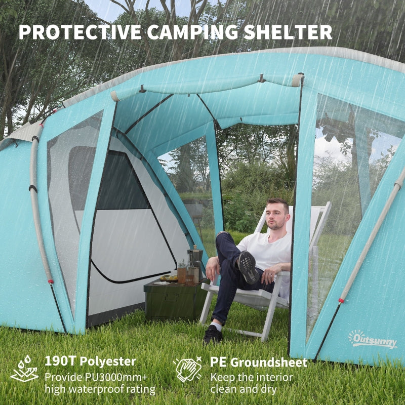 4-6 Man Family Camping Tent with 2 Bedrooms Living Room Waterproof Tunnel, Blue