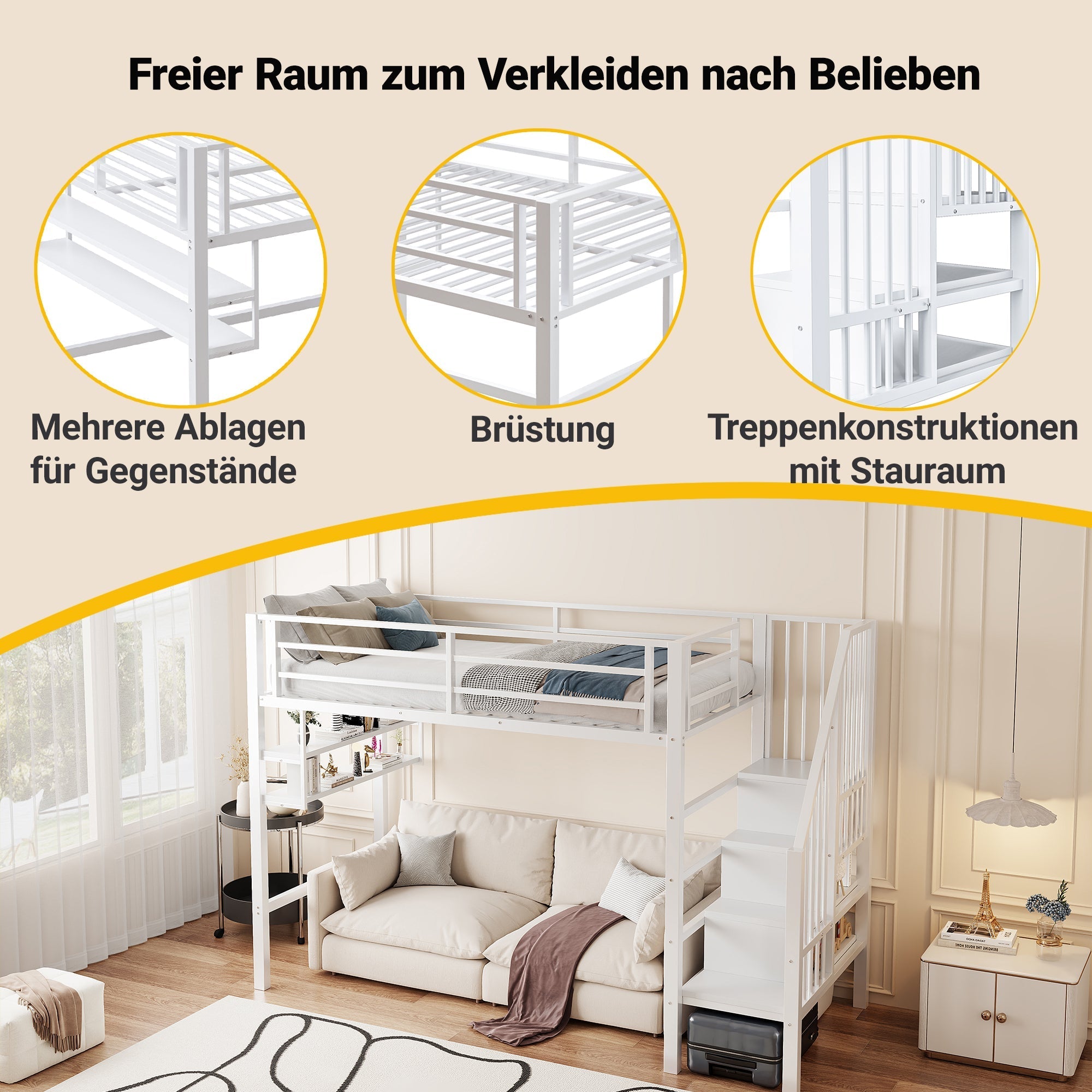 Loft Bed 90x200cm Storage Ladder Shelves - White