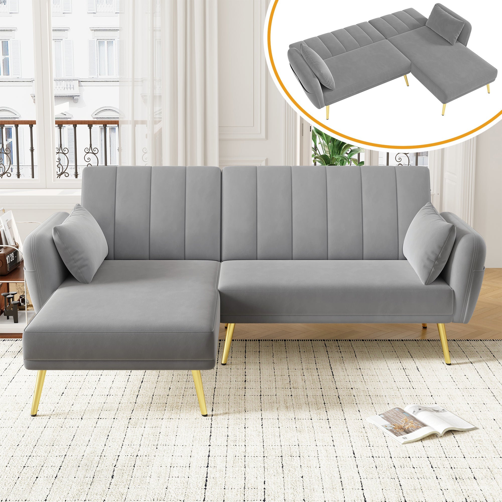 Modern L-Shaped Fold-Out Sleeper Sofa with 3-Position Adjustable Backrest, Velvet