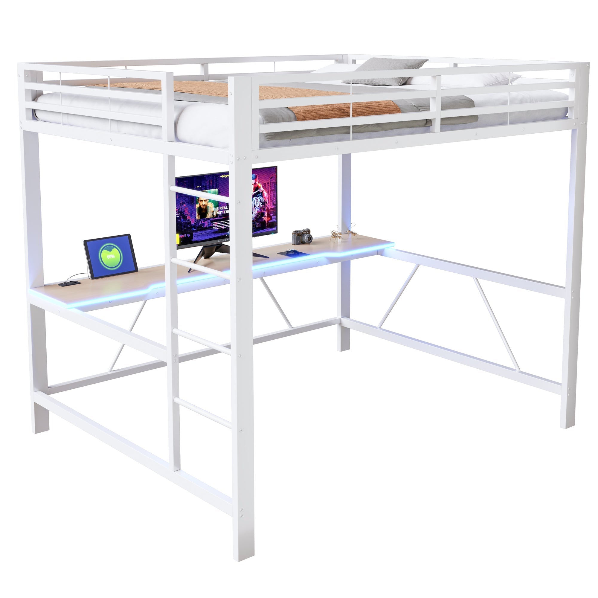 Gaming Loft Bed Frame with 160x200 Desk, LED and USB, White Metal