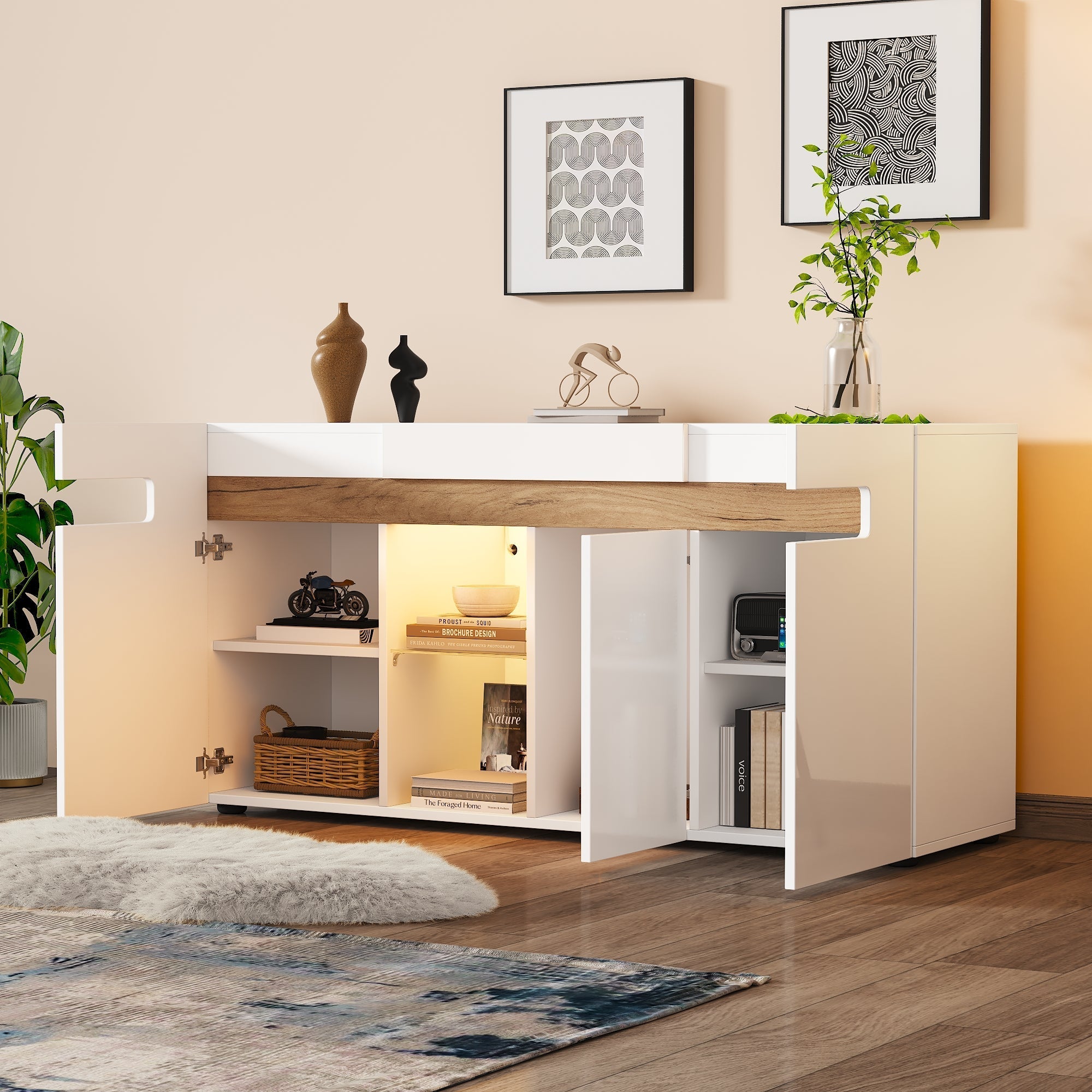 Sideboard 3-Door LED Control 140x40x70cm High-Gloss White