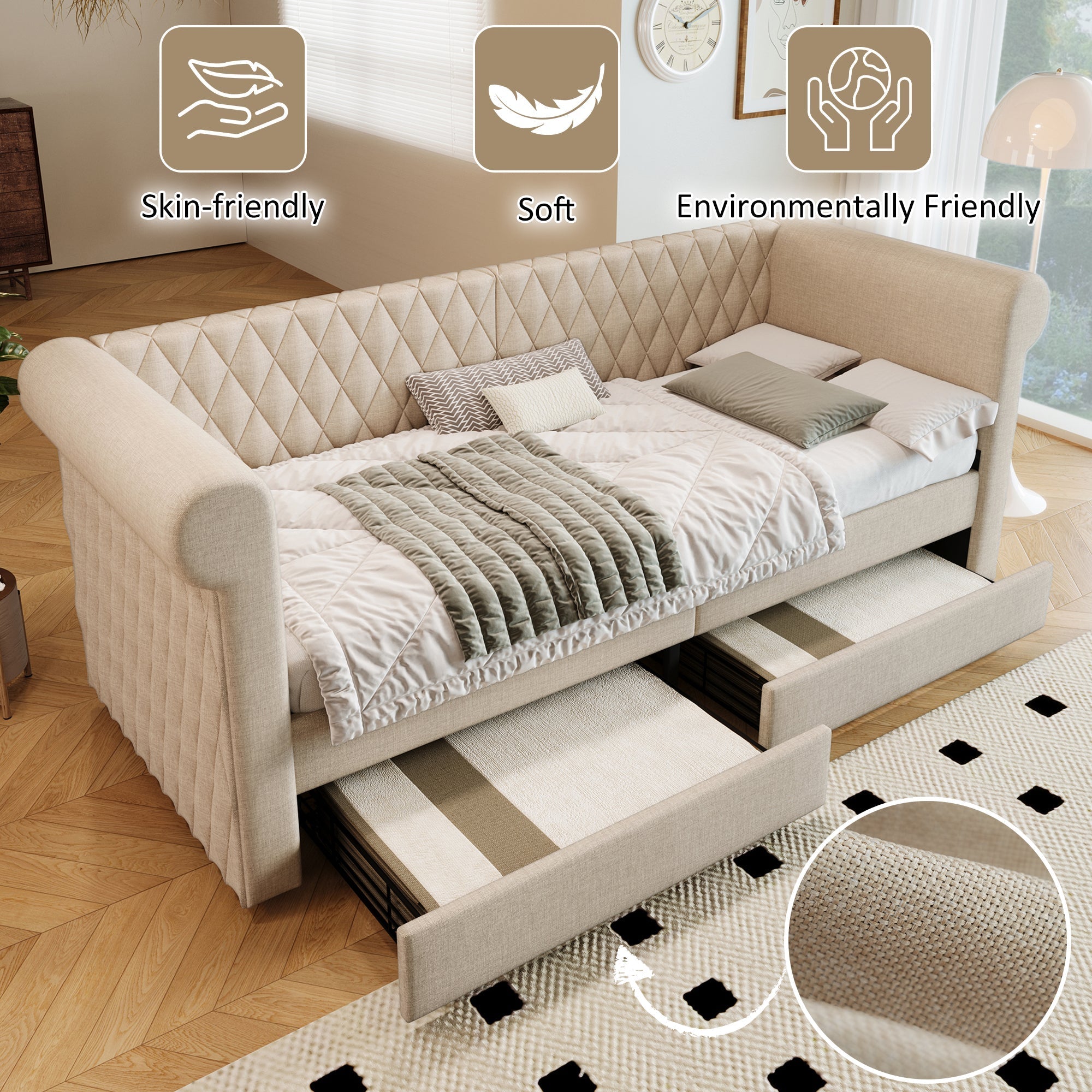 Vintage Upholstered Sofa Bed, 90x200 cm, 2 Storage Drawers, Linen Beige